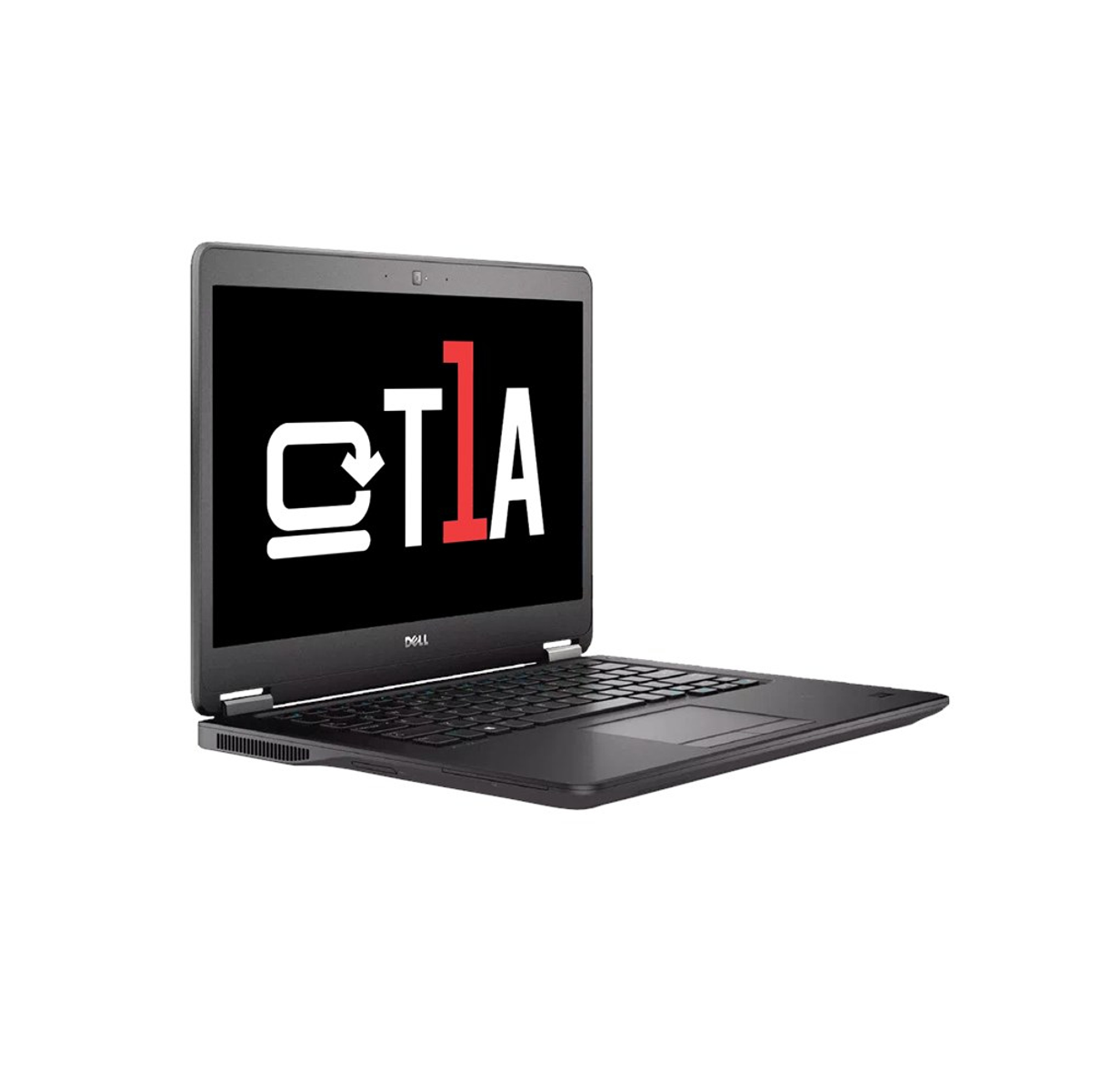 Schwarzer Laptop mit dem Text "OTA" und einem Dell-Logo auf dem Bildschirm, gegen einen weißen Hintergrund geneigt geöffnet.