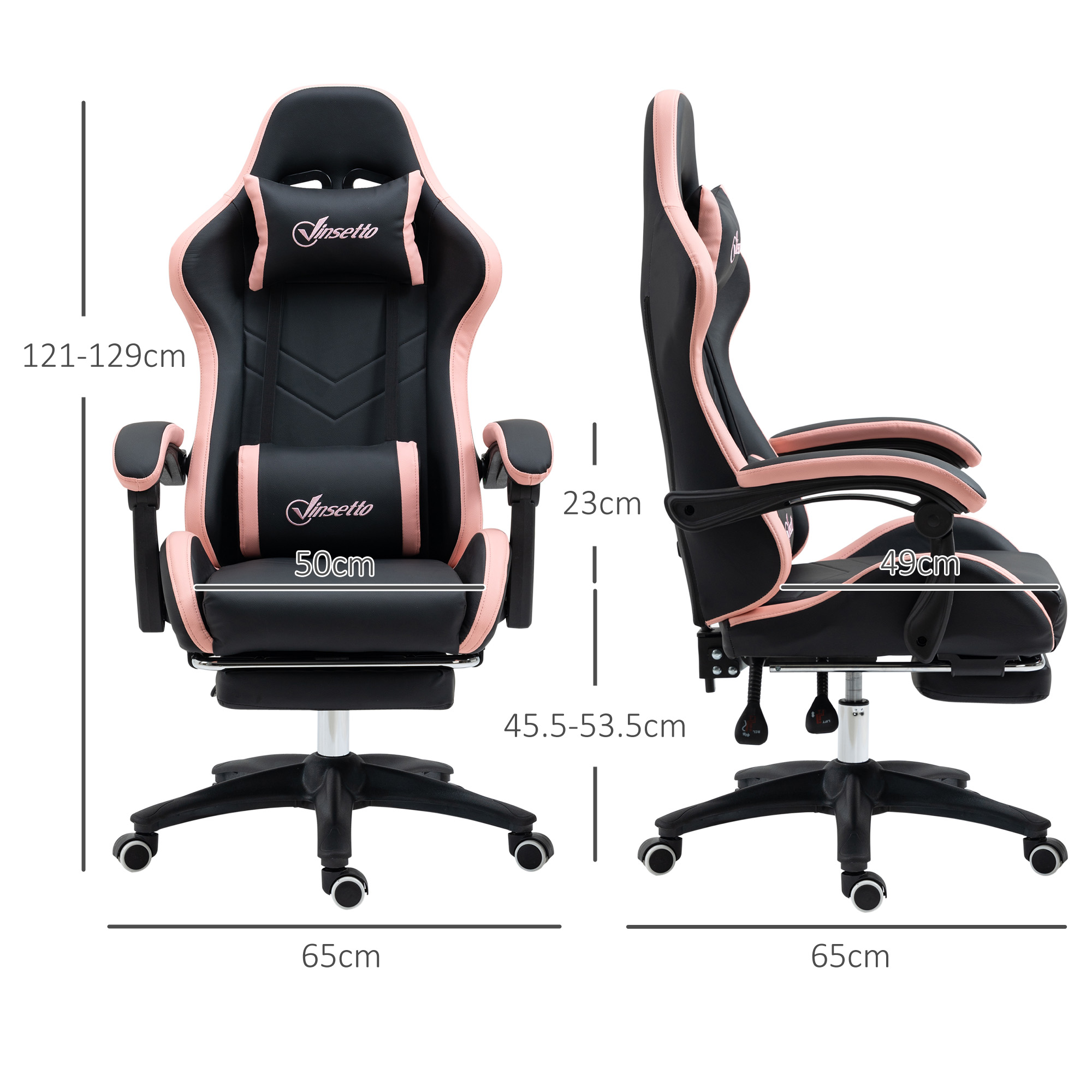 Sedia da gaming rosa e nera con dimensioni. Viste frontali e laterali mostrate.