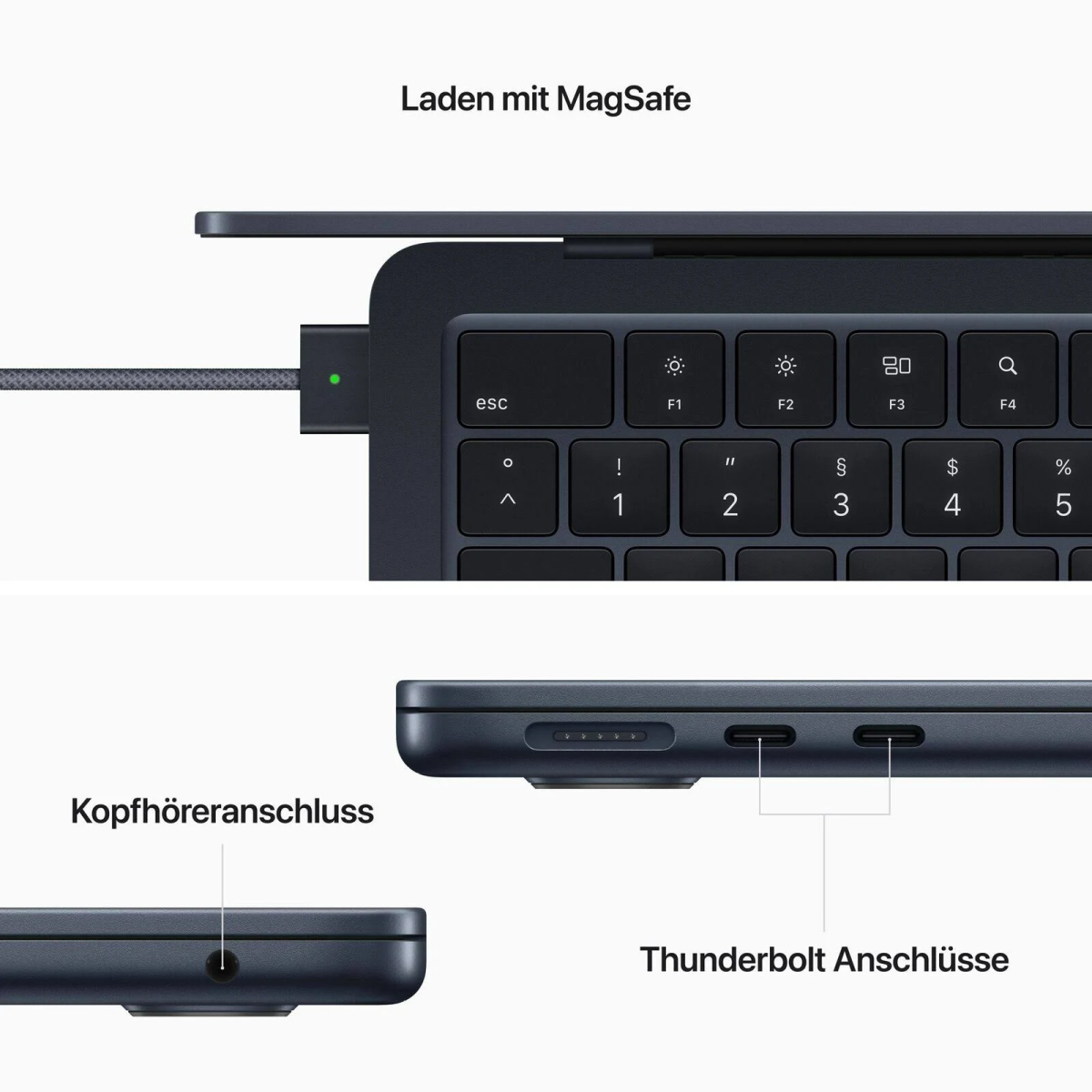 Nahaufnahme der Laptop-Tastatur mit Anschlüssen. Es hat einen Ladeanschluss, Kopfhöreranschluss und Thunderbolt-Anschlüsse.