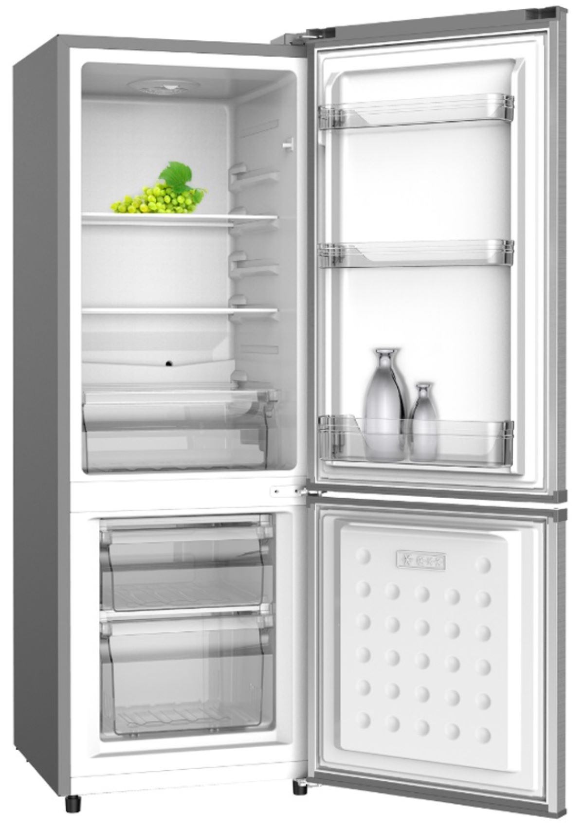 Geöffneter Kühlschrank mit Regalen, Schubladen und Gefrierfach. Trauben und Flaschen sind sichtbar.