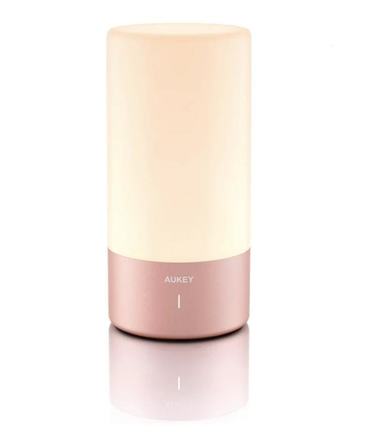 Eine zylindrische weiße und rosa Lampe. Der Boden ist rosa und die Oberseite weiß und leuchtend. Die Marke ist AUKEY.