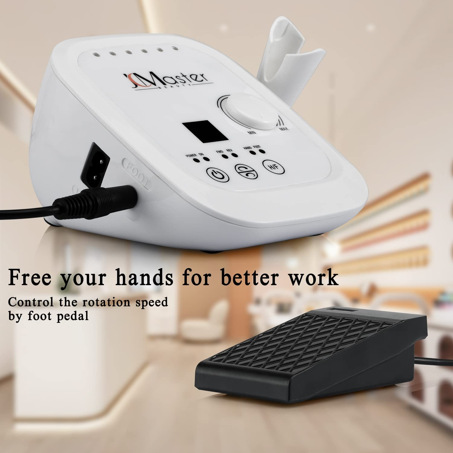 Weiße Nagelbohrmaschine mit Fußpedal. Text sagt: Befreien Sie Ihre Hände für bessere Arbeit.