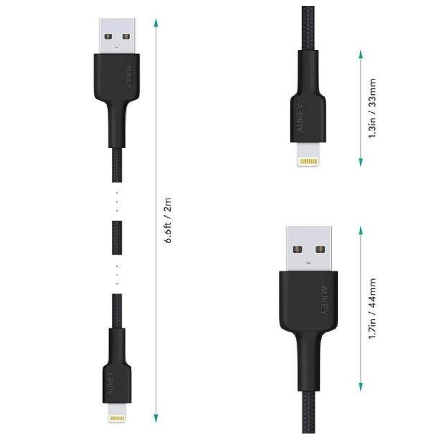 Schwarzes USB-A-zu-Lightning-Kabel. Das Kabel ist 6,6 Fuß lang und hat auf beiden Enden ein AUKEY-Logo.