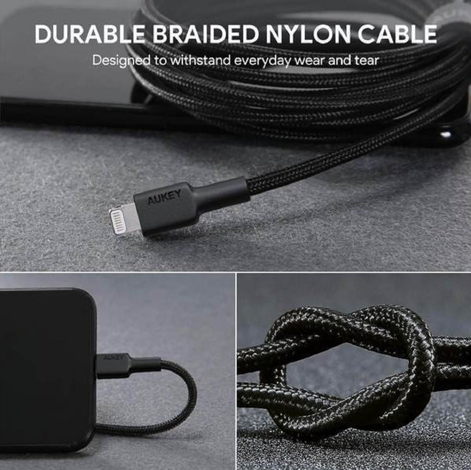 Schwarzes geflochtenes Nylonkabel mit AUKEY- und Lightning-Anschluss.