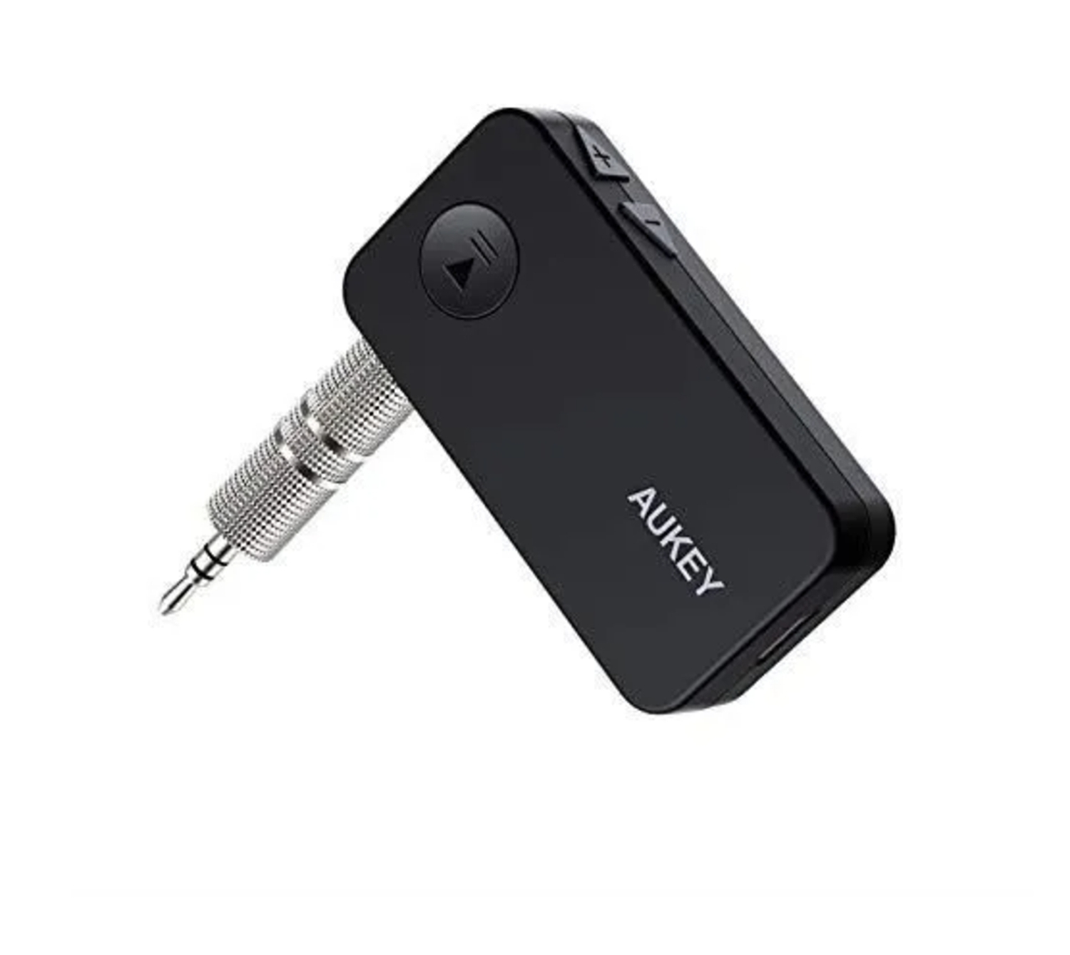 Schwarzer Aukey Bluetooth-Empfänger mit silbernem Audioanschluss. Er hat Lautstärke- und Play/Pause-Tasten.