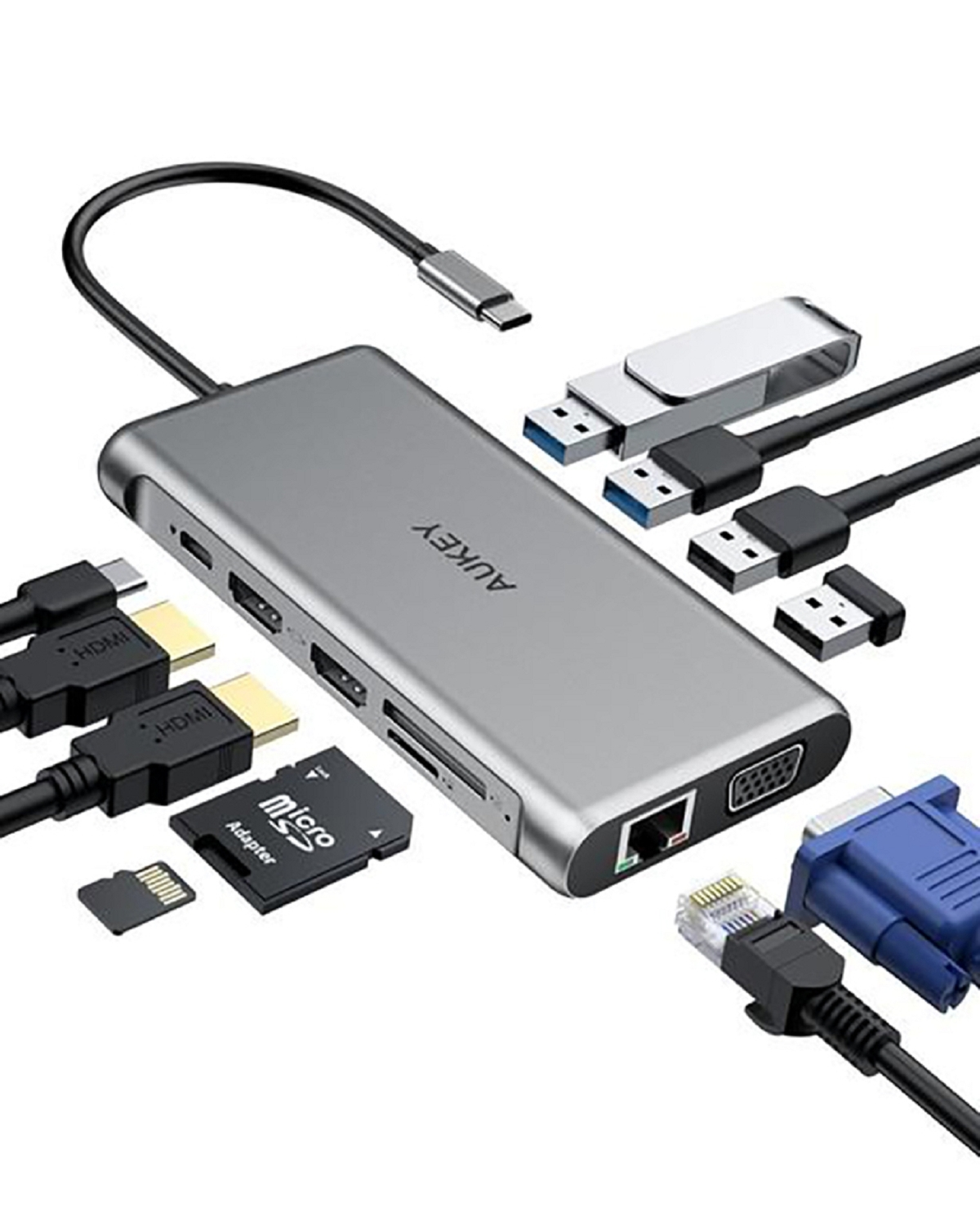 AUKEY USB-Hub mit mehreren Anschlüssen und angeschlossenen Geräten, weißer Hintergrund.