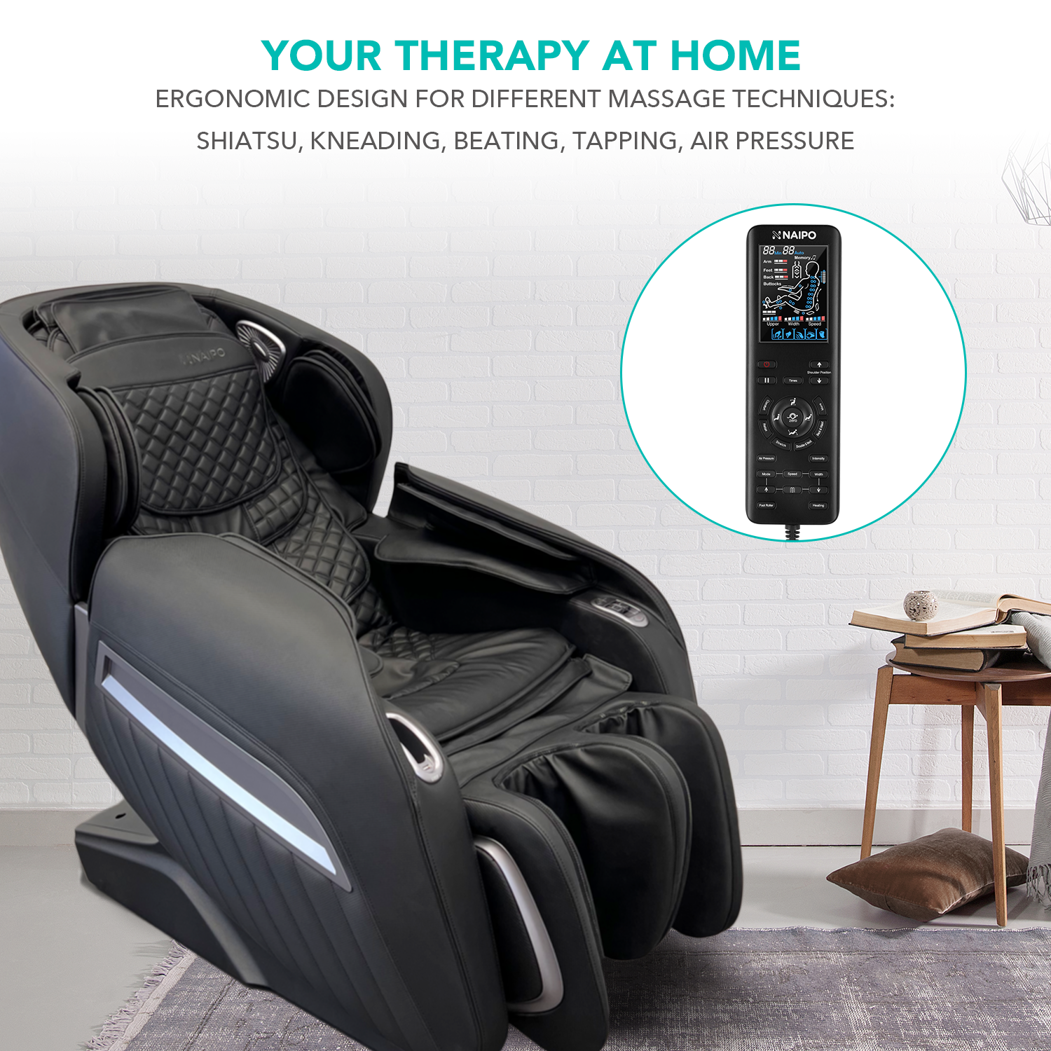Schwarzer Massagesessel mit Fernbedienung. Text: Your Therapy At Home. Innenraum mit Ziegelwand.