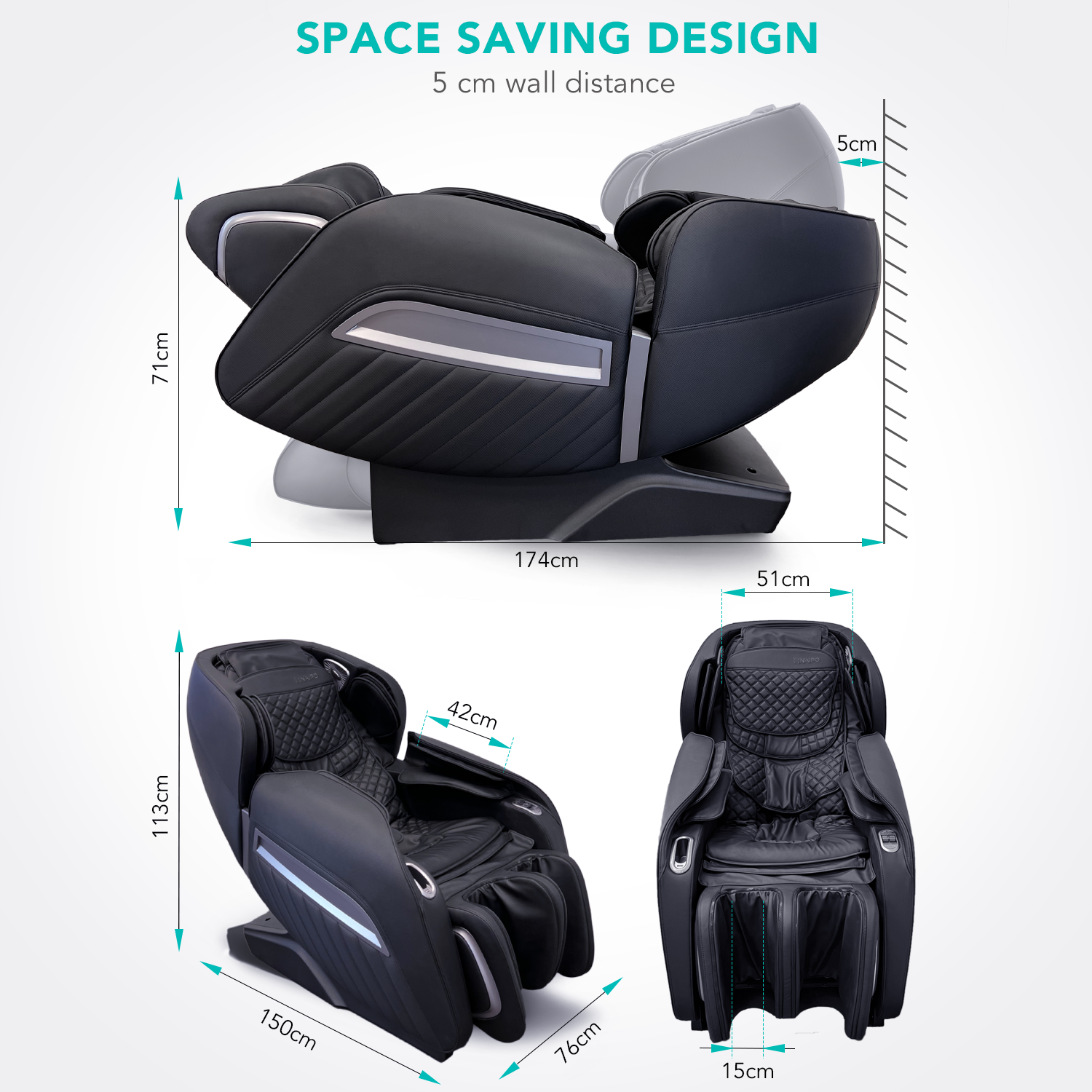 Ein schwarzer Massagesessel mit Abmessungen und platzsparendem Design auf weißem Hintergrund.