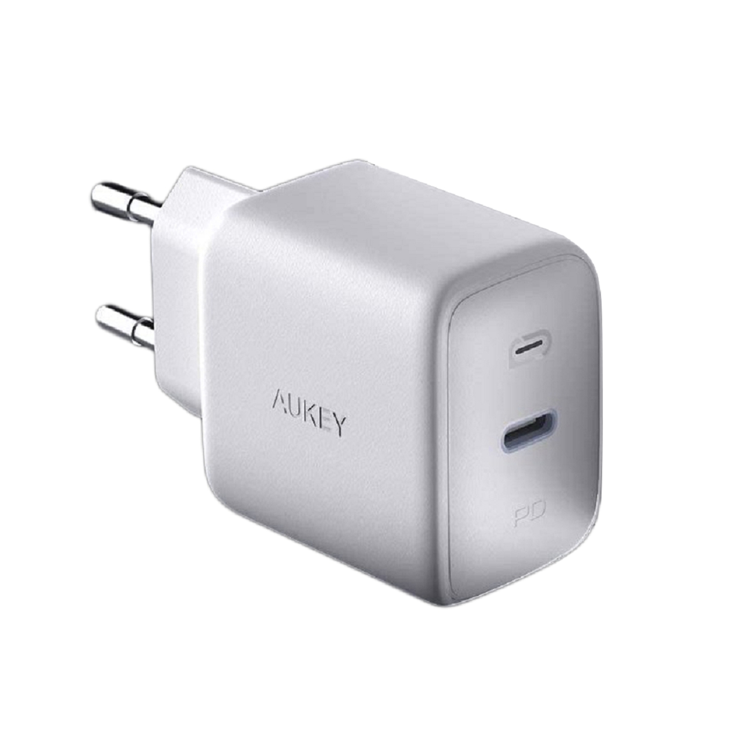 Weißes AUKEY-Ladegerät mit zwei Anschlüssen. Hat einen Wandstecker.