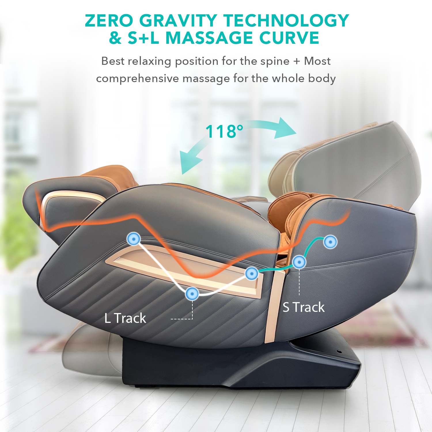 Ein Massagestuhl zurückgelehnt. Text-Overlays beschreiben Zero-Gravity und S+L-Track-Massagefunktion.