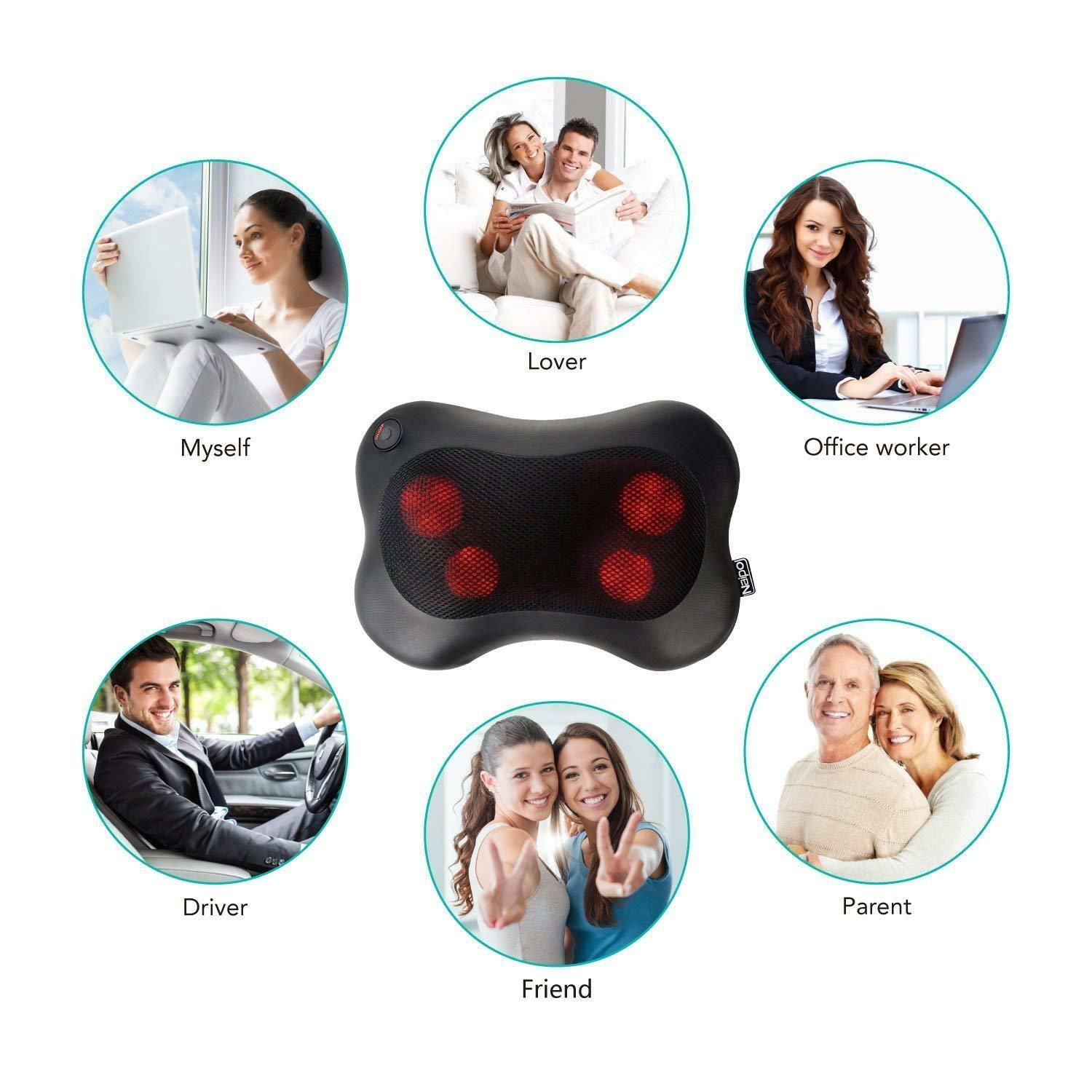 Massagekissen, umgeben von Bildern von Personen: ich, Liebhaber, Büroangestellte, Fahrer, Freund, Eltern.