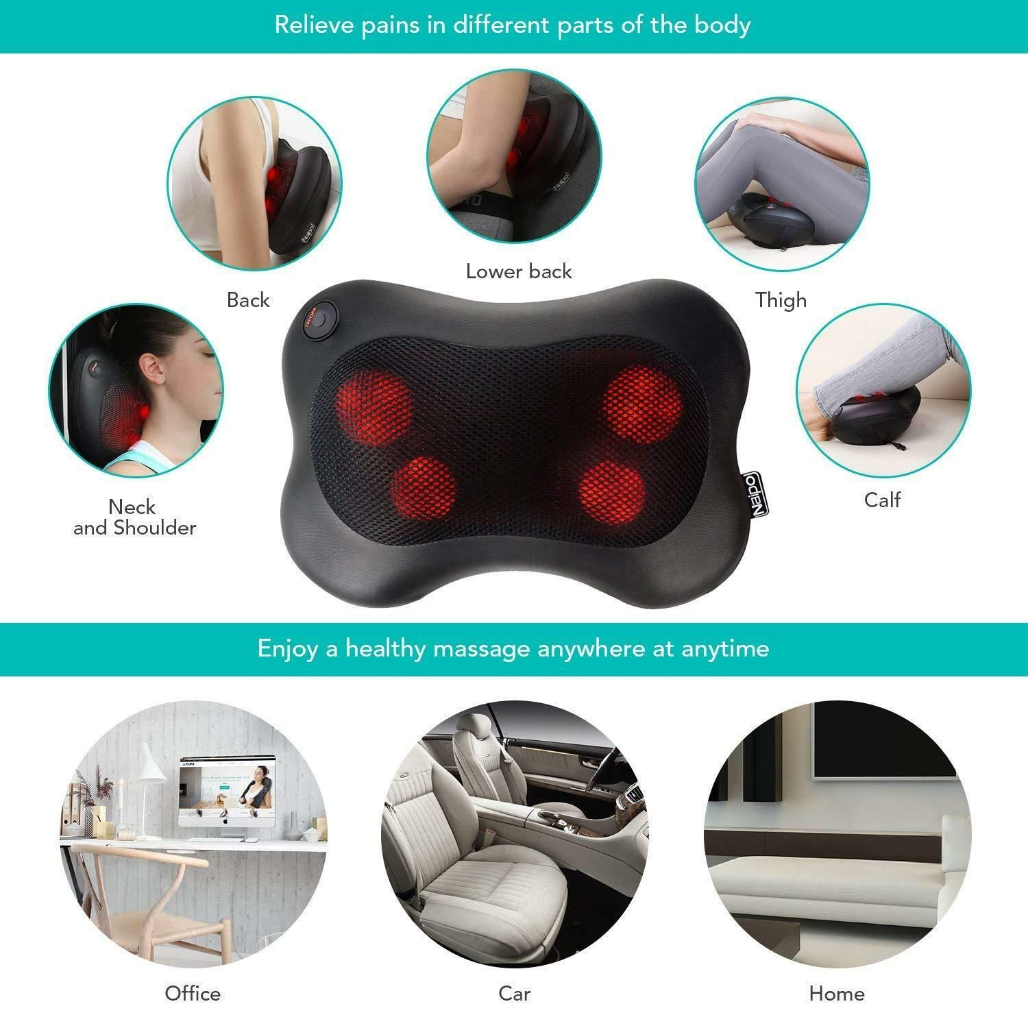 Massagekissen für verschiedene Körperteile. Zeigt Rücken-, Lenden-, Oberschenkel-, Waden- und Nackenverwendung.