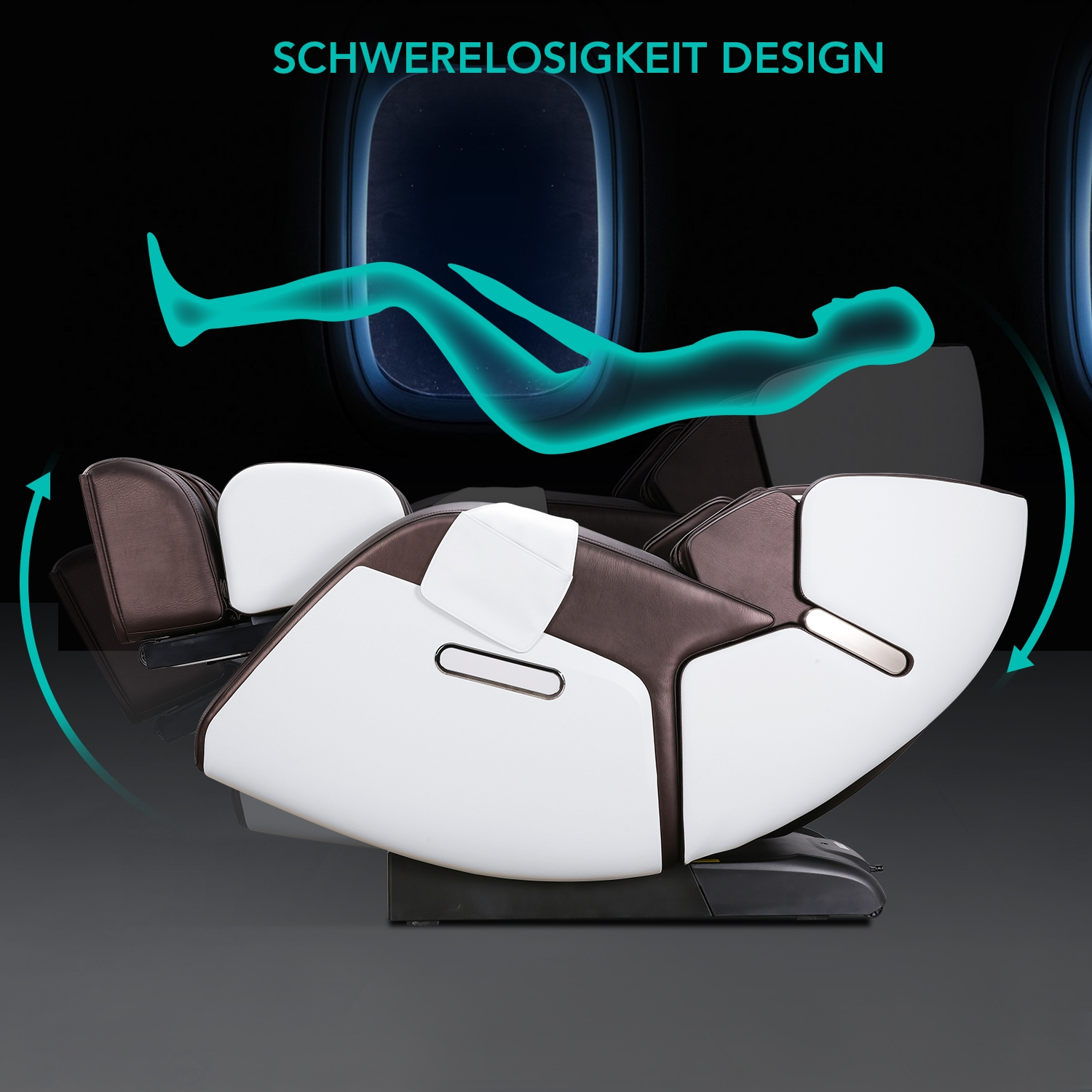 Ein Massagesessel mit einer Person, die in der Luft schwebt. Der Stuhl ist weiß und braun, auf grauem Hintergrund.