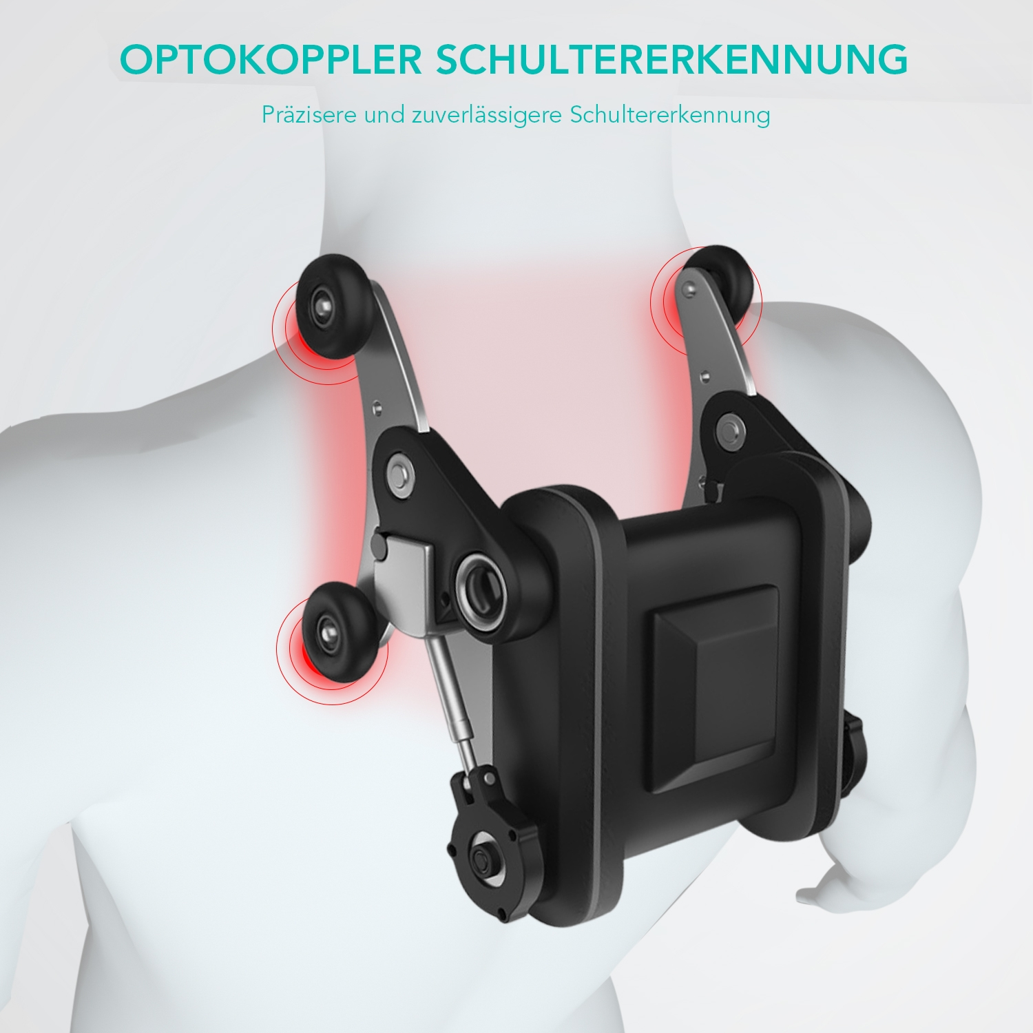 Ein Gerät wird auf dem Rücken einer Person getragen. Rot hervorgehobene Kreise zeigen die Druckpunkte.