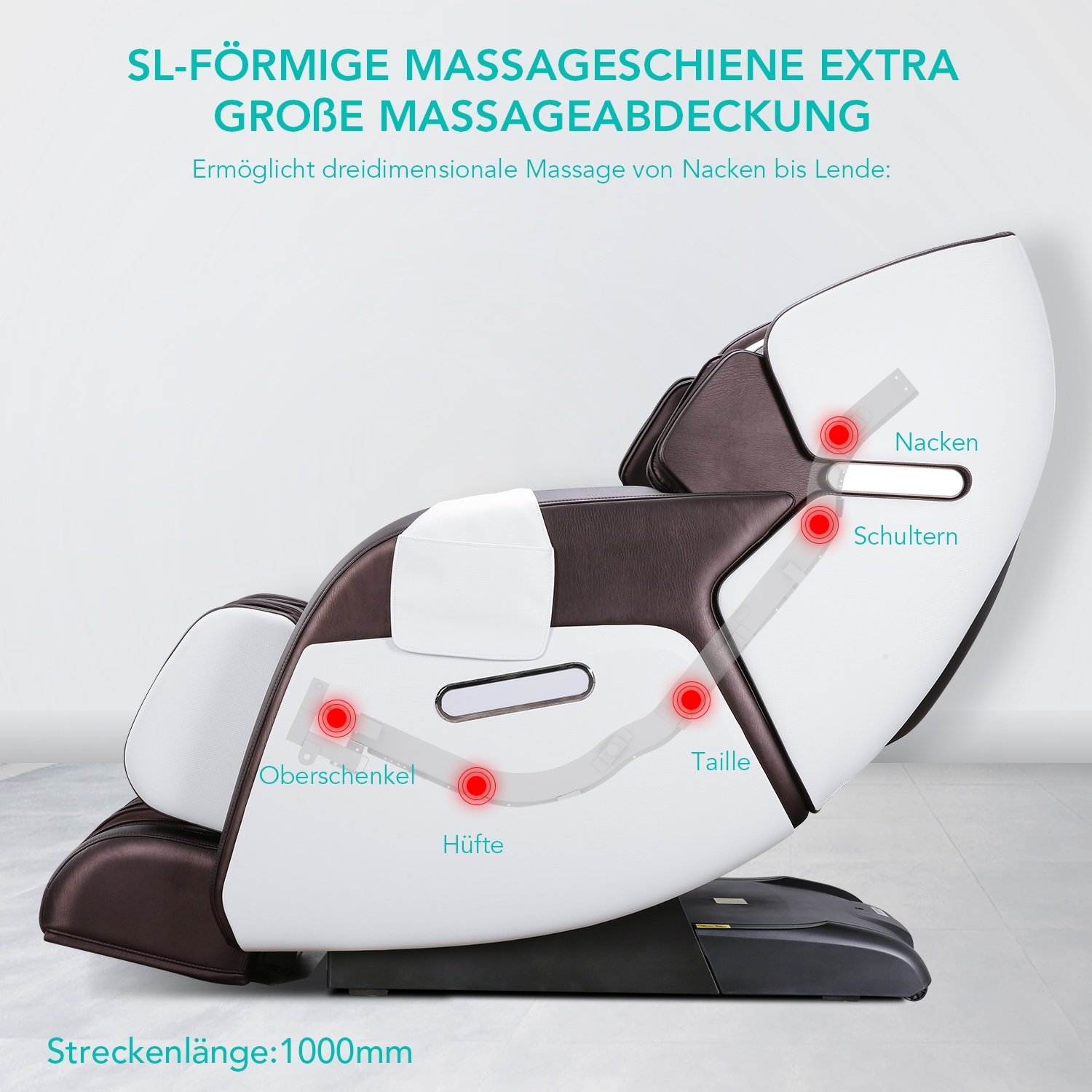 Ein Massagesessel mit beschrifteten Körperbereichen in Weiß und Braun.