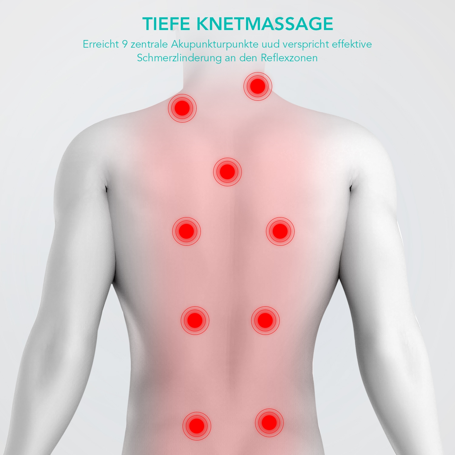 Diagramm des Rückens einer Person mit roten Punkten, die Akupunkturpunkte anzeigen, Text-Overlay.