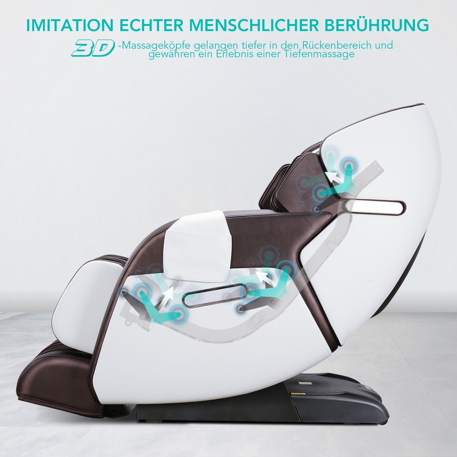 Weißer und brauner Massagestuhl mit Grafik der Massagepunkte.