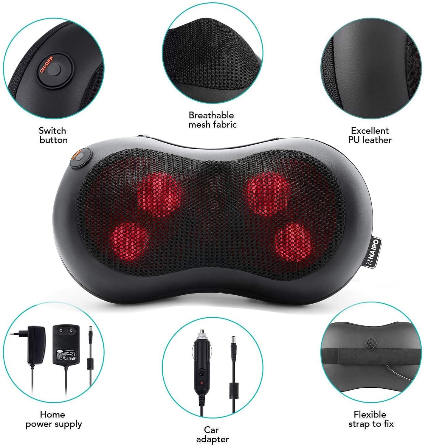 Schwarzes Massagekissen mit roten Lichtern, Schalter, Mesh-Gewebe und Auto-Adapter. Details gezeigt.