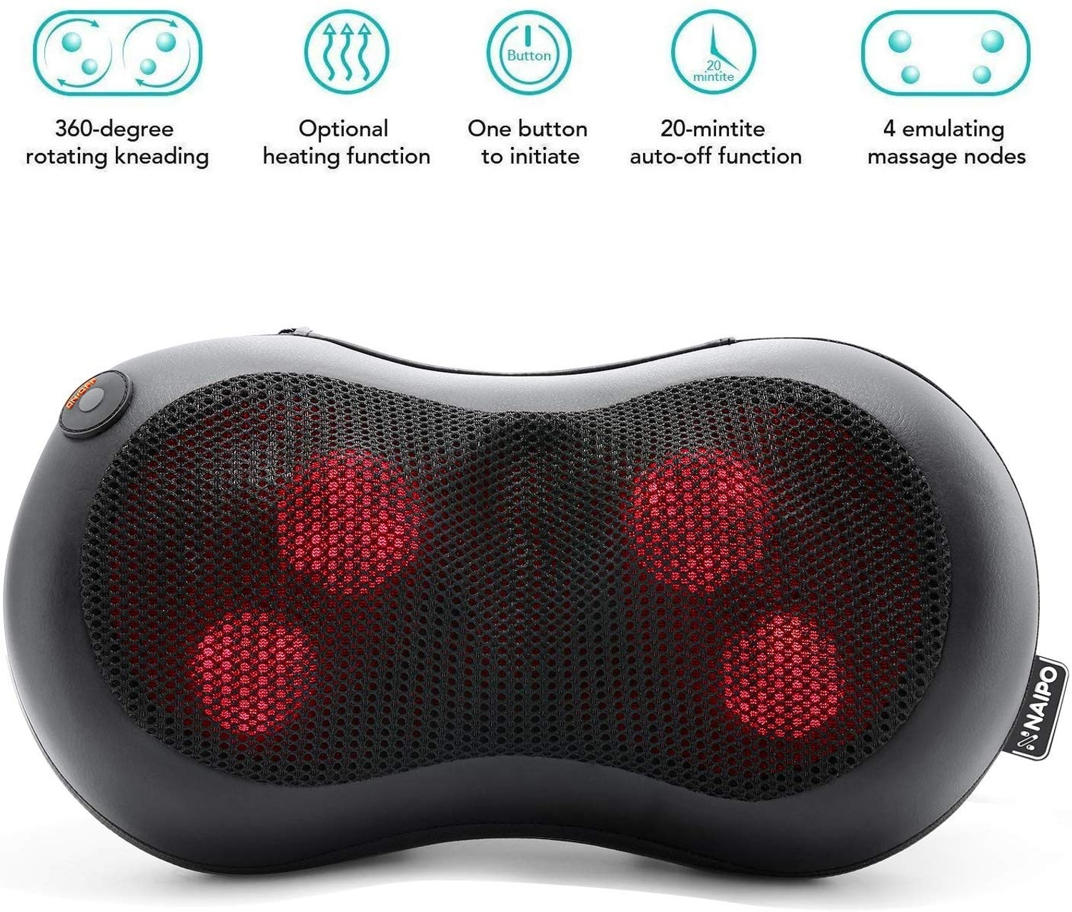 Ein schwarzes Massagegerät mit roten Massageknoten und Steuerungssymbolen, einschließlich Heiz- und Abschaltfunktion.