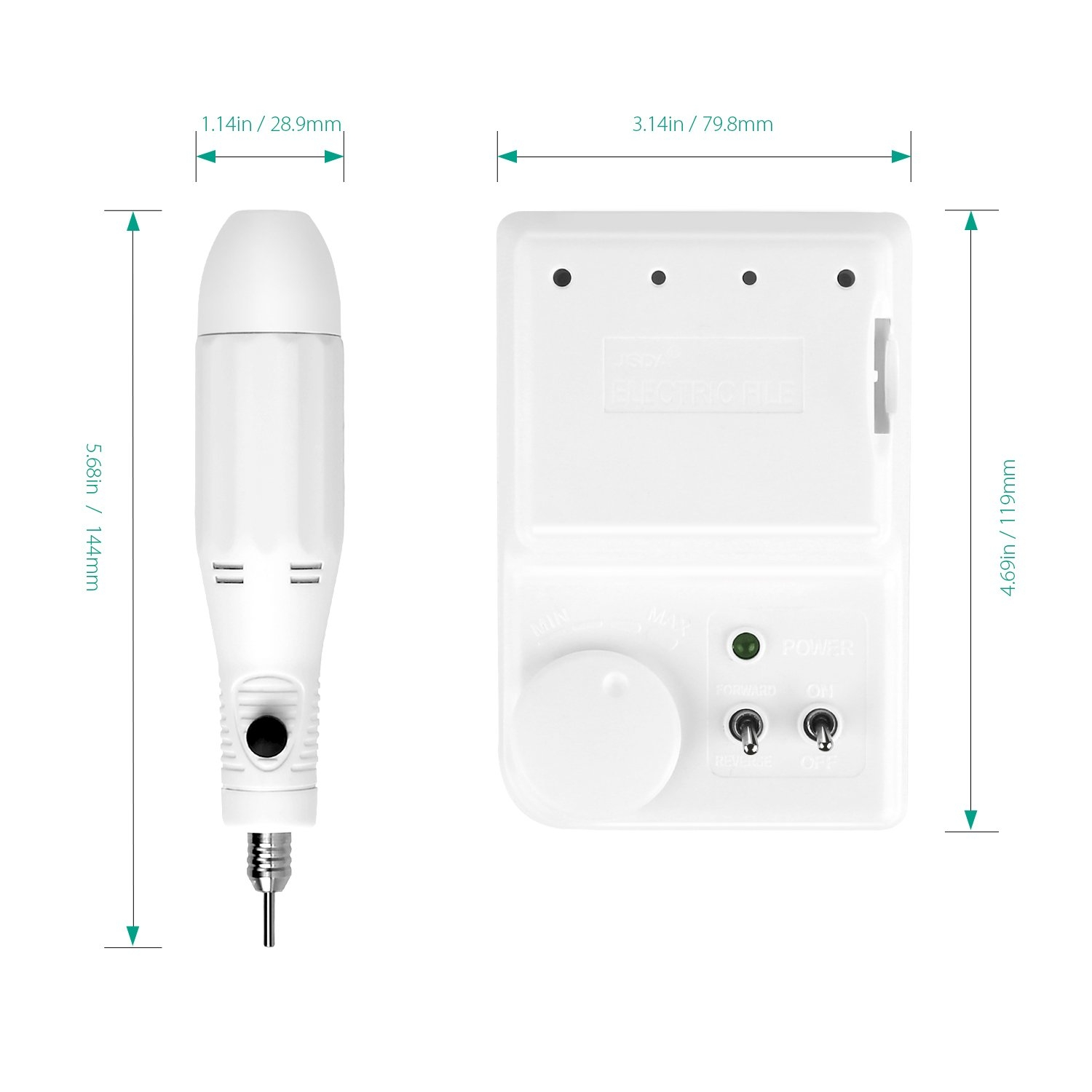 Eine weiße elektrische Nagelfeile mit Maßangaben und eine separate Steuereinheit mit Ein-/Aus-Schalter.