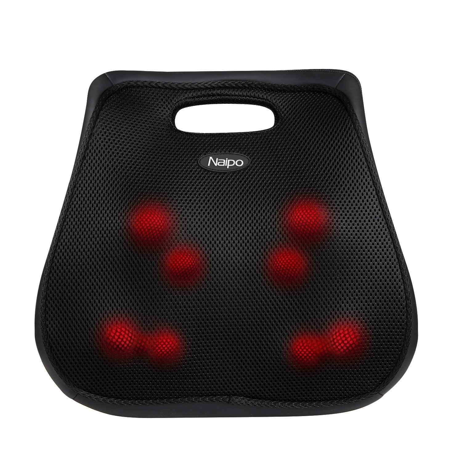 Schwarzes Massagekissen mit roten Knoten, ergonomisches Design, mit Griff.