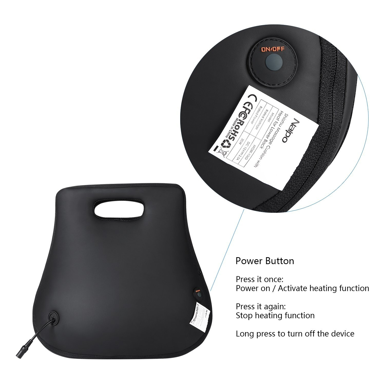 Schwarzes Kissen mit Power-Button-Detail. Text beschreibt Ein-/Aus-Funktionen. Ein Etikett ist vorhanden.