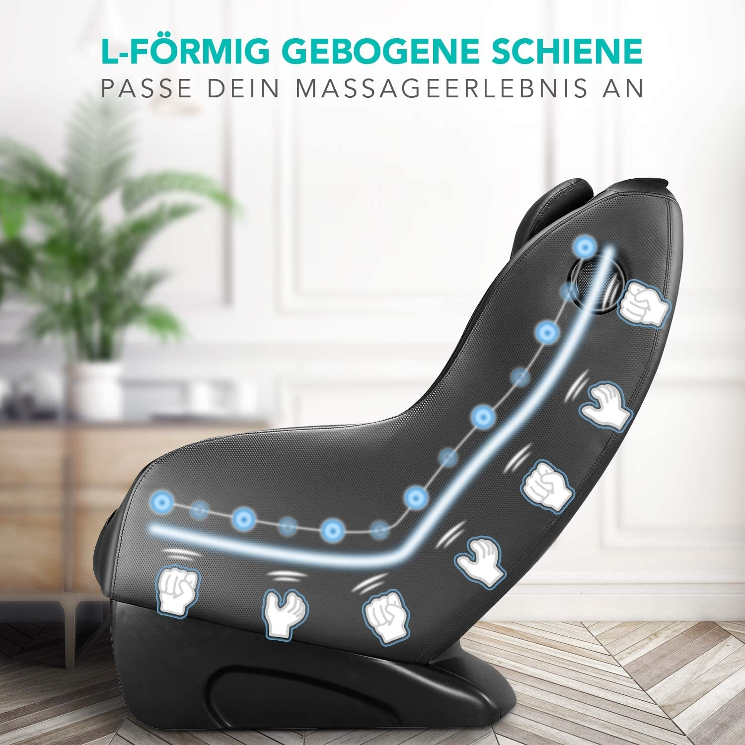 Ein schwarzer Massagesessel mit geschwungenem Design, dargestellt mit blauem Licht und Hand-Icons.