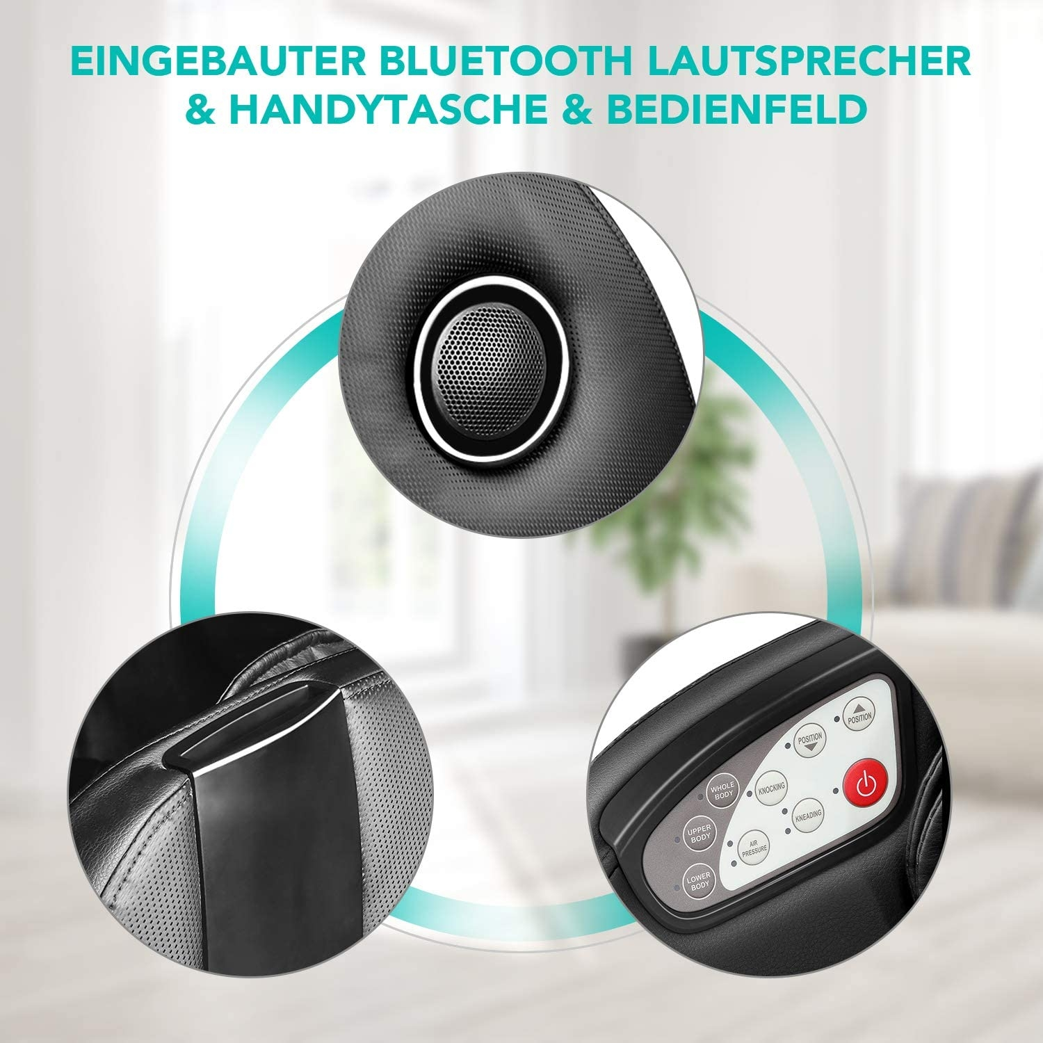 Nahaufnahme von Massagesessel-Details: Lautsprecher, Bedienfeld und Stuhlnähte.