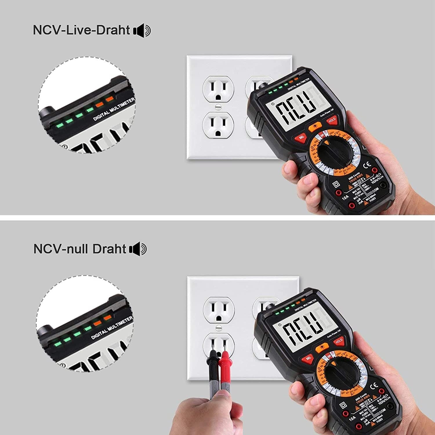 Zwei Bilder, die die Verwendung eines Multimeters zum Überprüfen von Live- und Neutralleitern in einer Steckdose vergleichen.