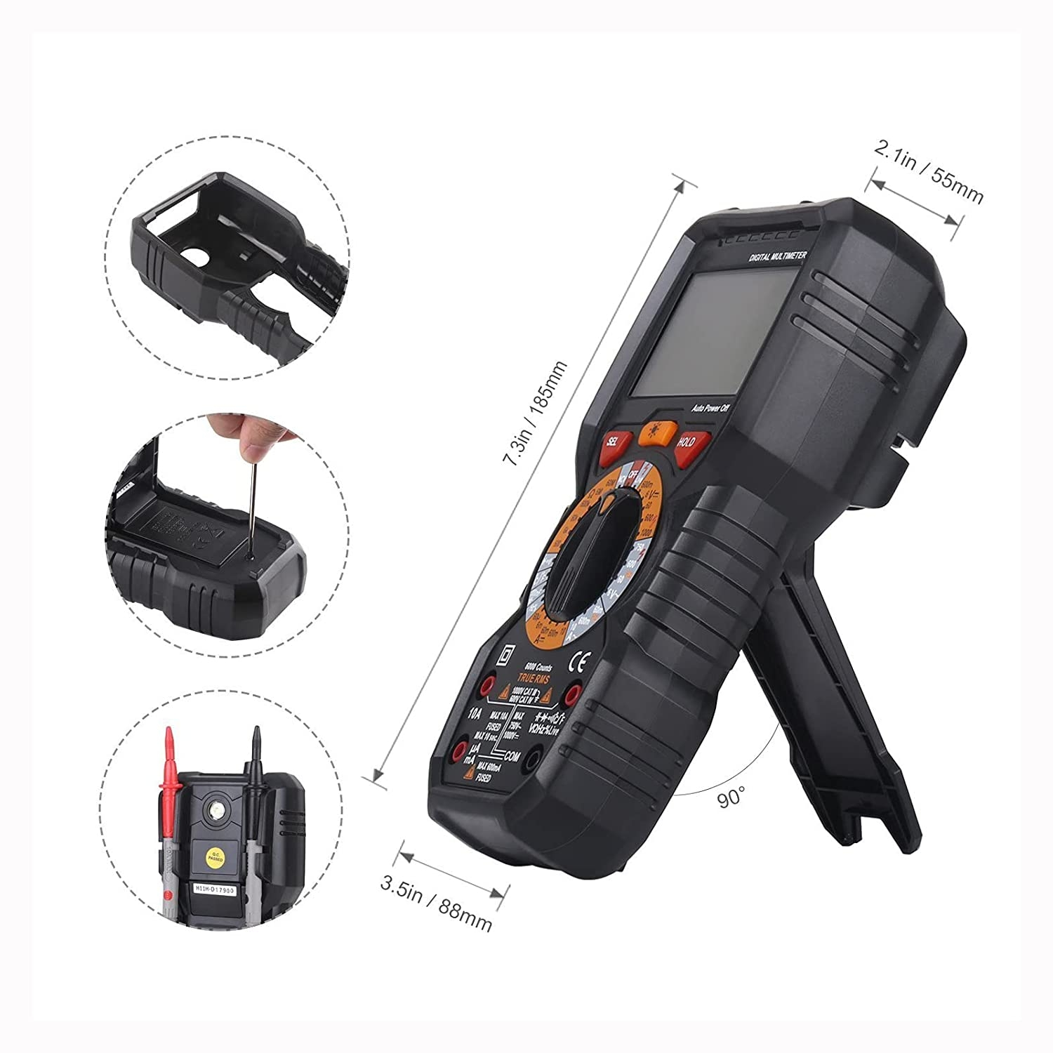 Schwarzes digitales Multimeter mit Details. Enthält Nahaufnahmen. Weißer Hintergrund, Messungen gezeigt.