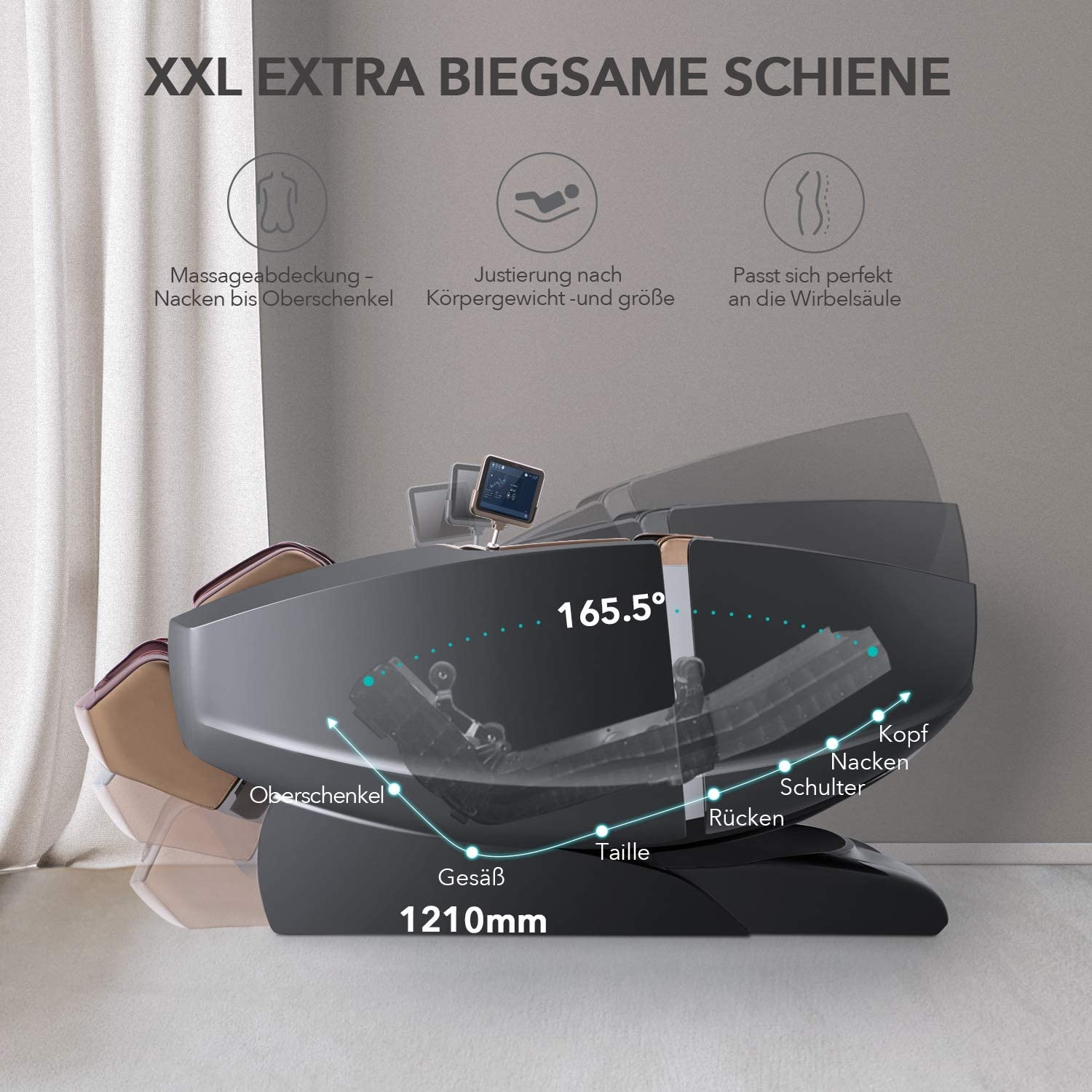 Schwarzer und grauer Massagesessel mit Diagrammen. Text: XXL EXTRA BIEGSAME SCHIENE.