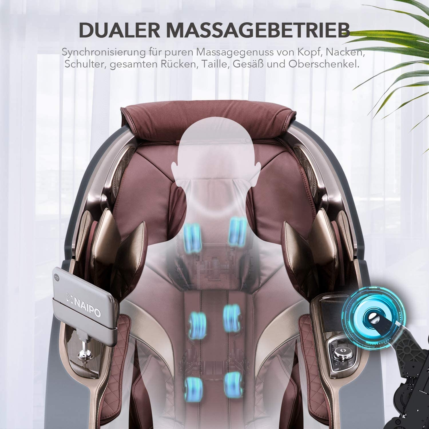 Ein Massagesessel mit einer Personensilhouette, die Massagepunkte und Bedienelemente zeigt.