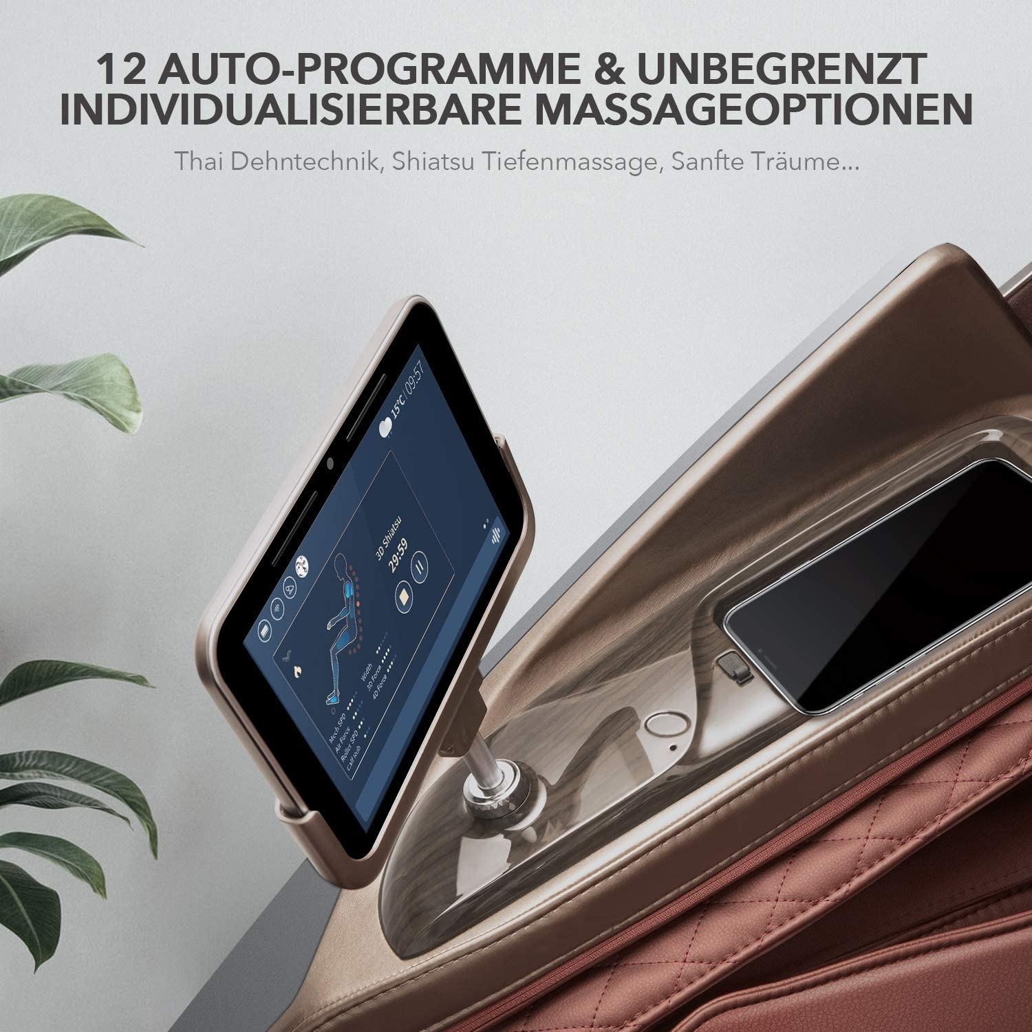 Innenraum eines Massagesessels mit Tablet und Telefon.