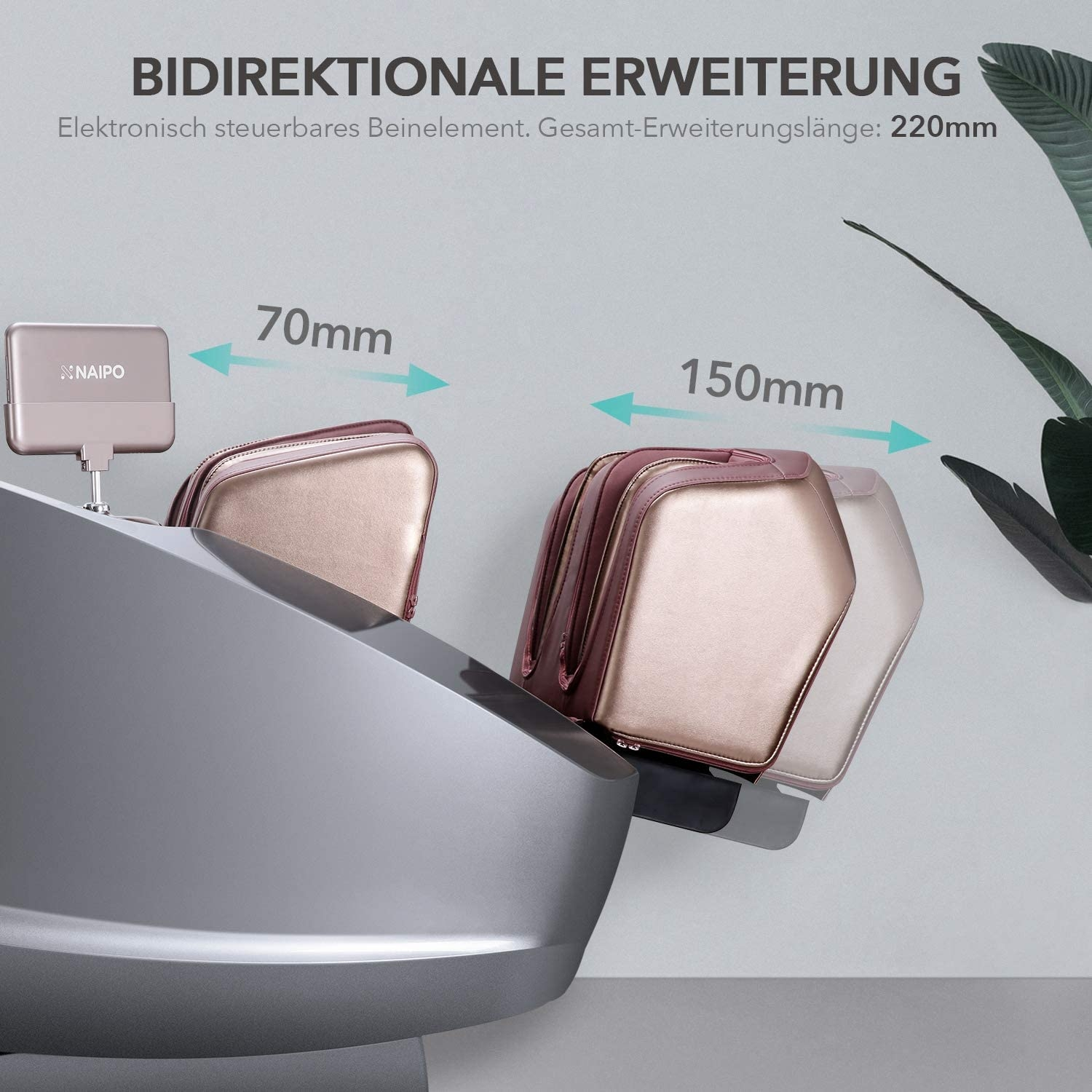 Ein Massagesessel mit ausziehbaren Beinauflagen. Pfeile und Maße zeigen die Verlängerung der Beinauflage.