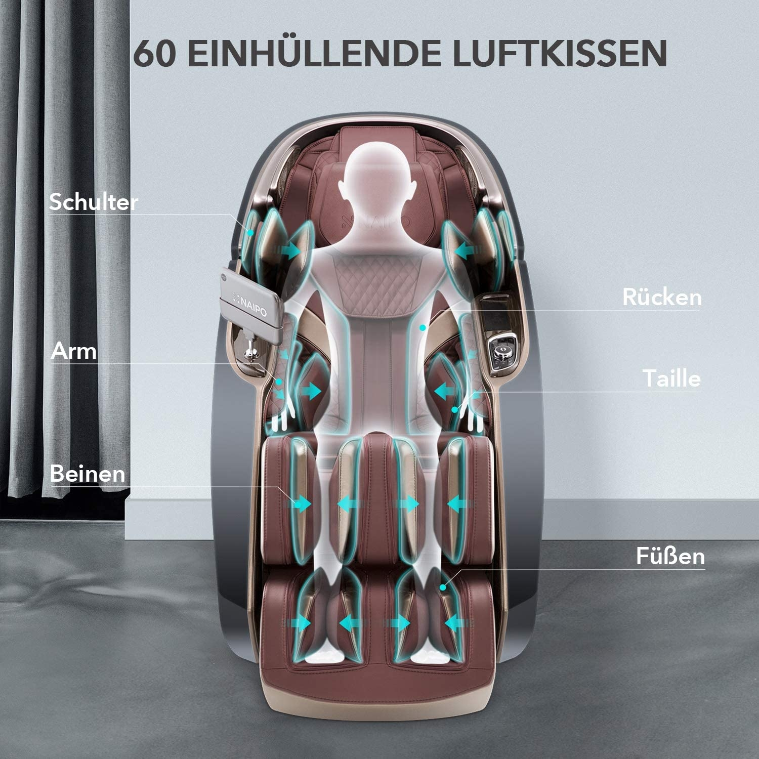 Diagramm eines Massagestuhls, das Druckpunkte und Pfeile zeigt.