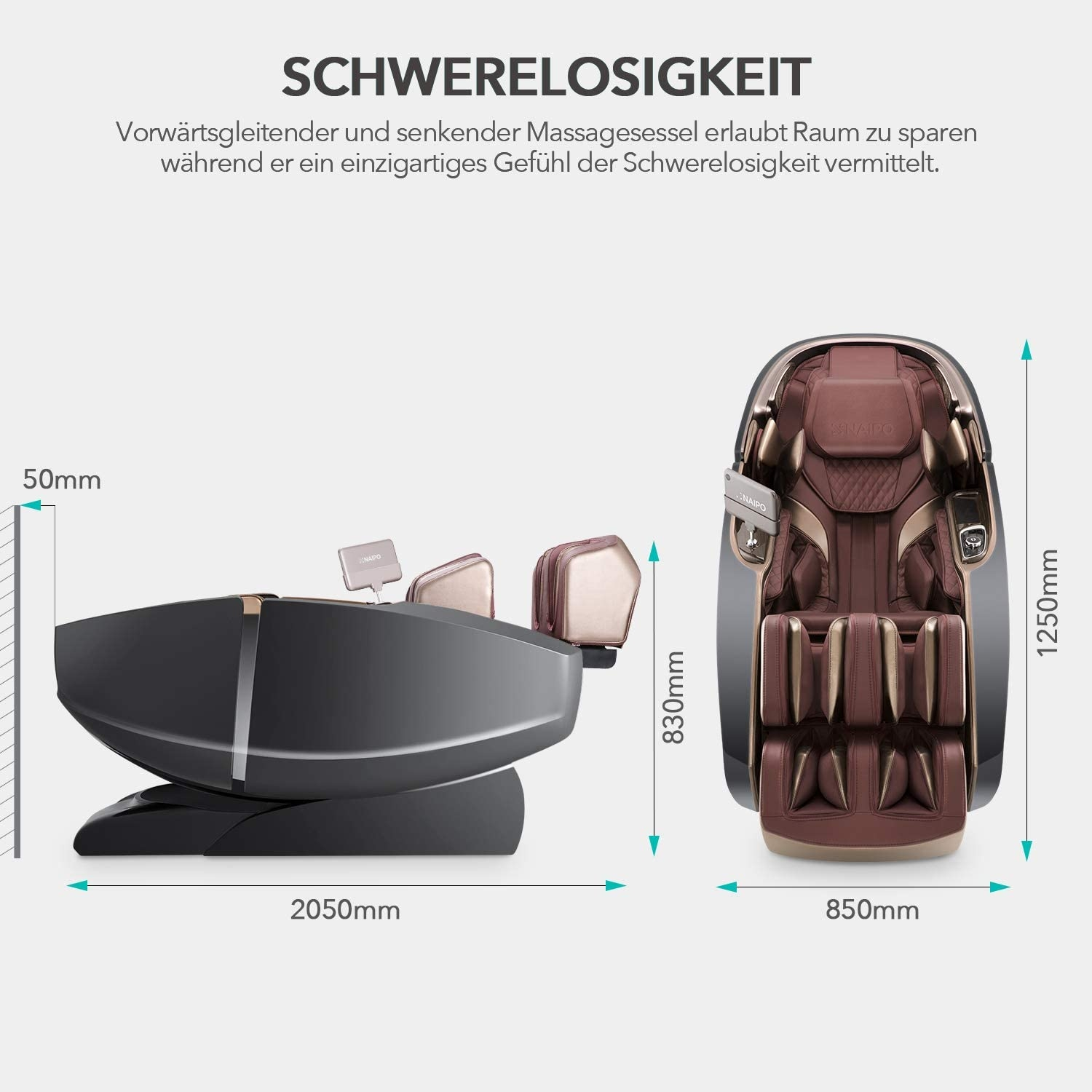Brauner Massagesessel mit Abmessungen. Der Stuhl ist leer, mit Maßangaben.