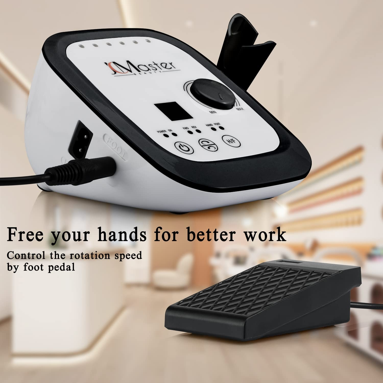 Weiß-schwarze Nagelfräsmaschine mit Fußpedal. Text: Befreien Sie Ihre Hände für bessere Arbeit.