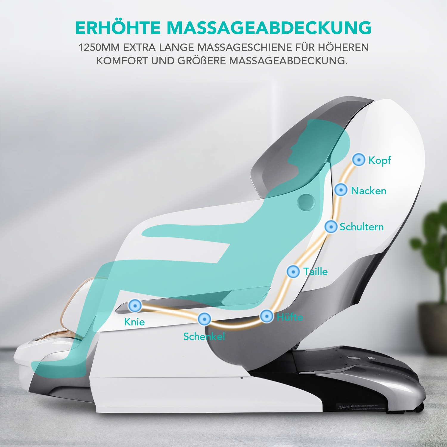 Diagramm eines Massagestuhls mit einem hervorgehobenen blauen Bereich, der Bereiche der Massageabdeckung aufzeigt.