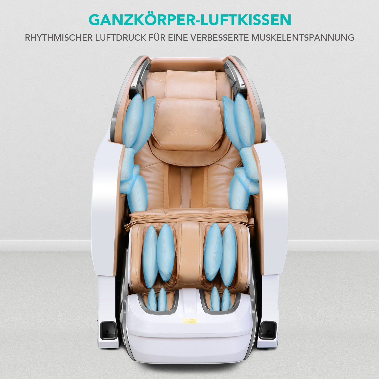 Ein Massagesessel mit braunem Leder und blauen Massagepunkten.