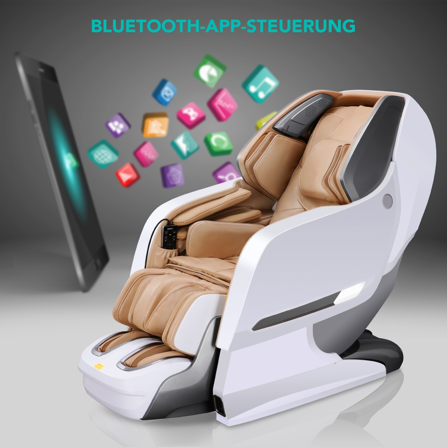 Massagesessel mit Telefon und App-Oberfläche, schwebende Icons.