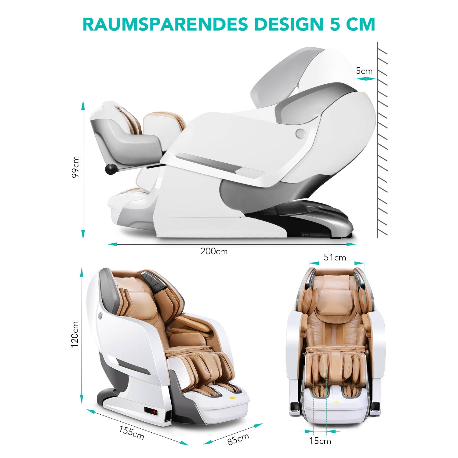 Ein weißer Massagesessel mit detaillierten Abmessungen in cm. Er wird aus mehreren Winkeln gezeigt.