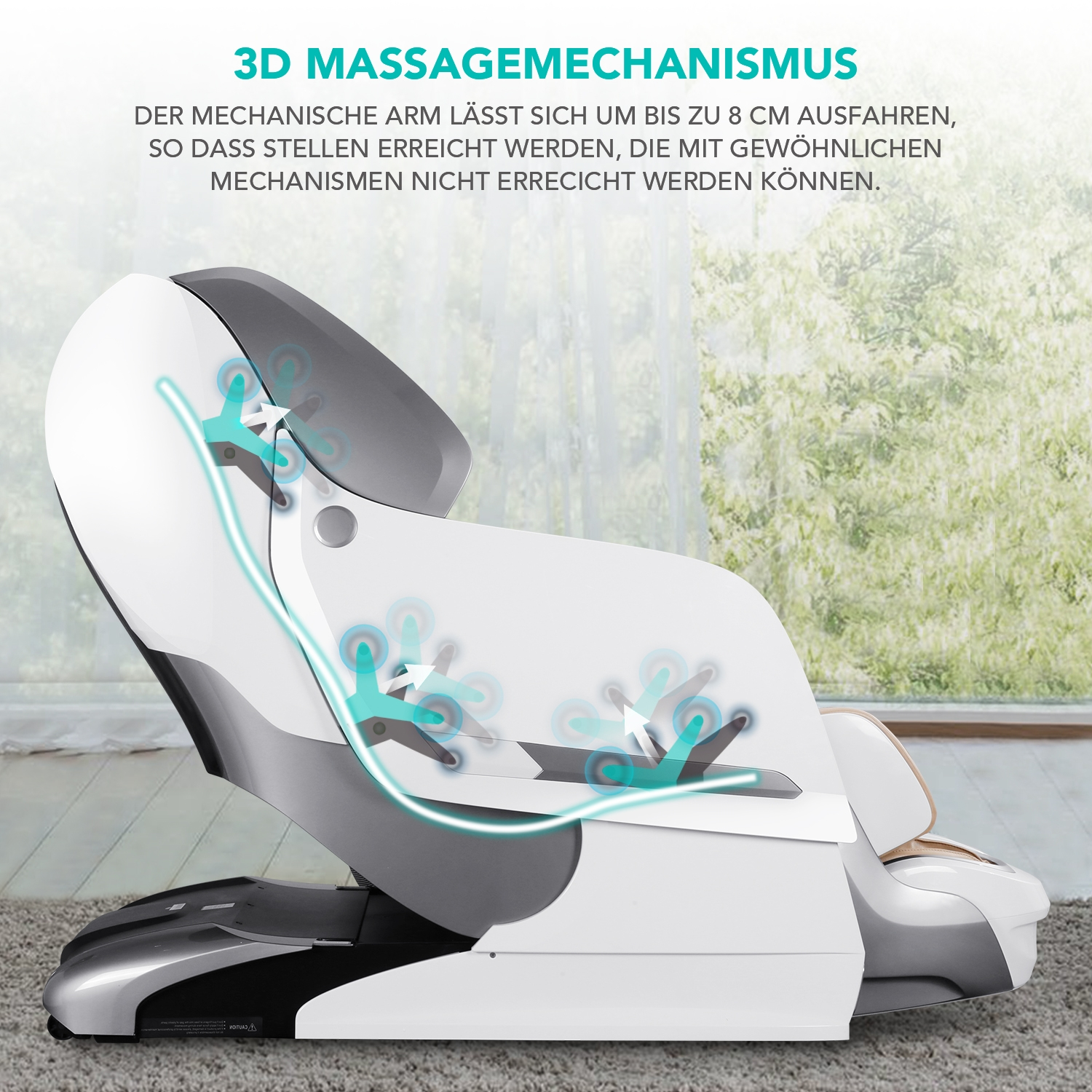 Massage-Stuhl mit weiß-grauem Design, transparenten Rohren und blauen Hervorhebungsbereichen.