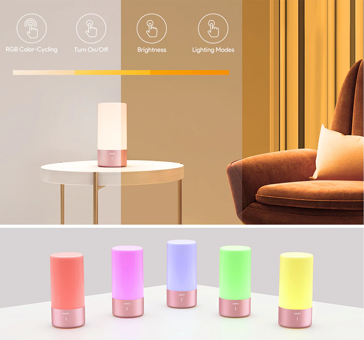 Die AUKEY-Lampe zeigt verschiedene Farben: Rot, Rosa, Lila, Grün und Gelb.