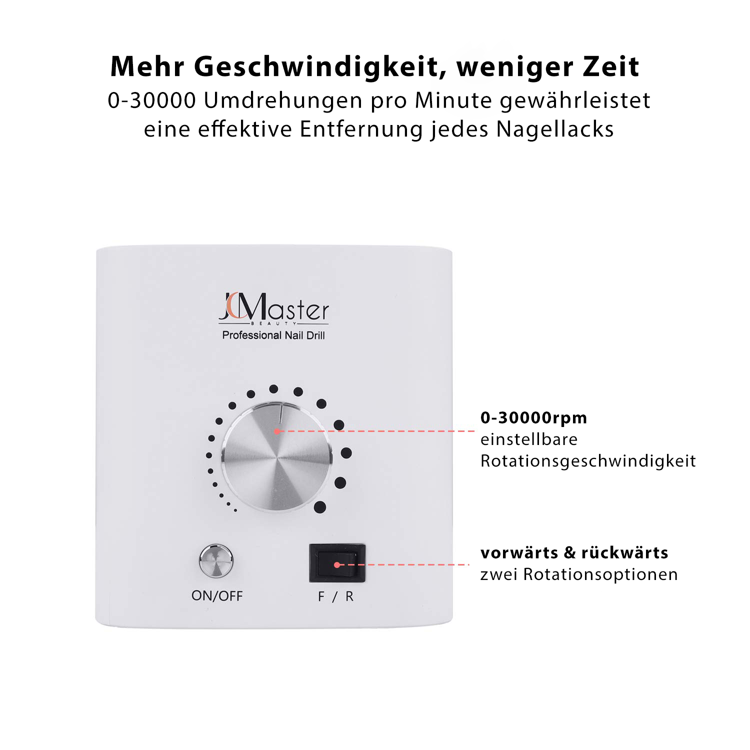 Eine weiße Nagelfräsmaschine mit Drehregler, Ein/Aus-Taste und Geschwindigkeitseinstellungen.