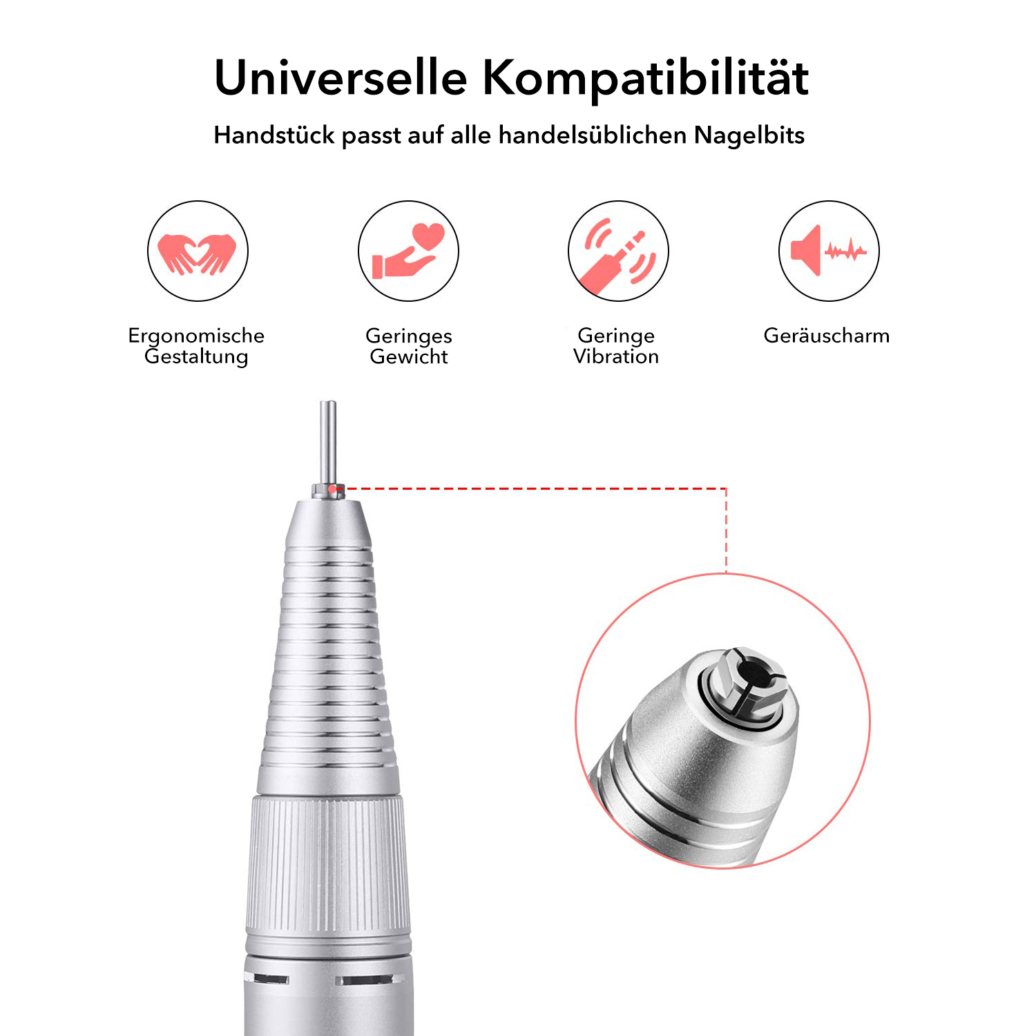 Nahaufnahme eines Nagelbohrers mit Symbolen, die seine Eigenschaften veranschaulichen.