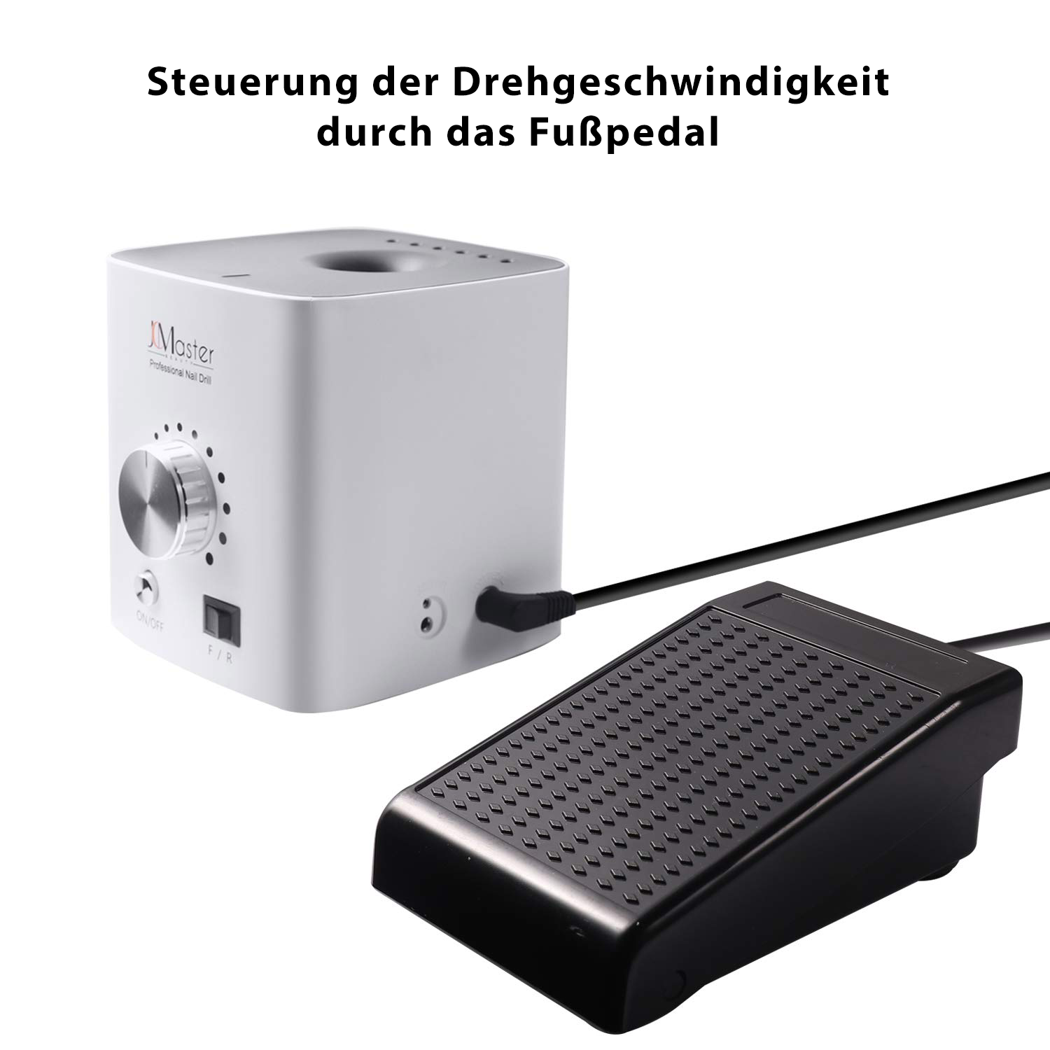 Weißes Nagelbohrgerät mit Fußpedal. Das Bedienfeld hat einen Ein/Aus-Schalter und Drehzahlregelung.