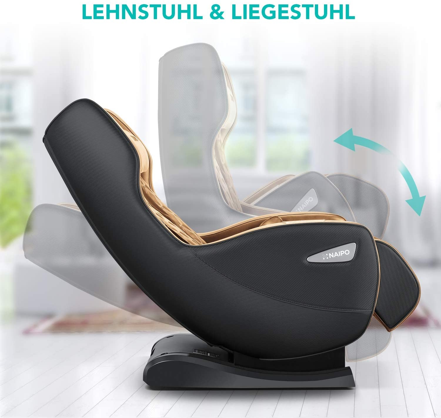 Ein Massagesessel in Bewegung, mit schwarzem und braunem Design.