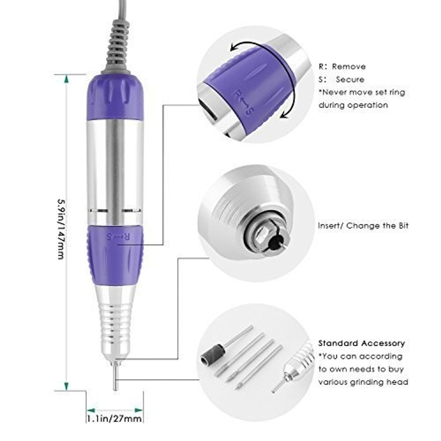 Ein silber-violetter Nagelfräser mit beschrifteten Teilen und Zubehör in der Nähe.