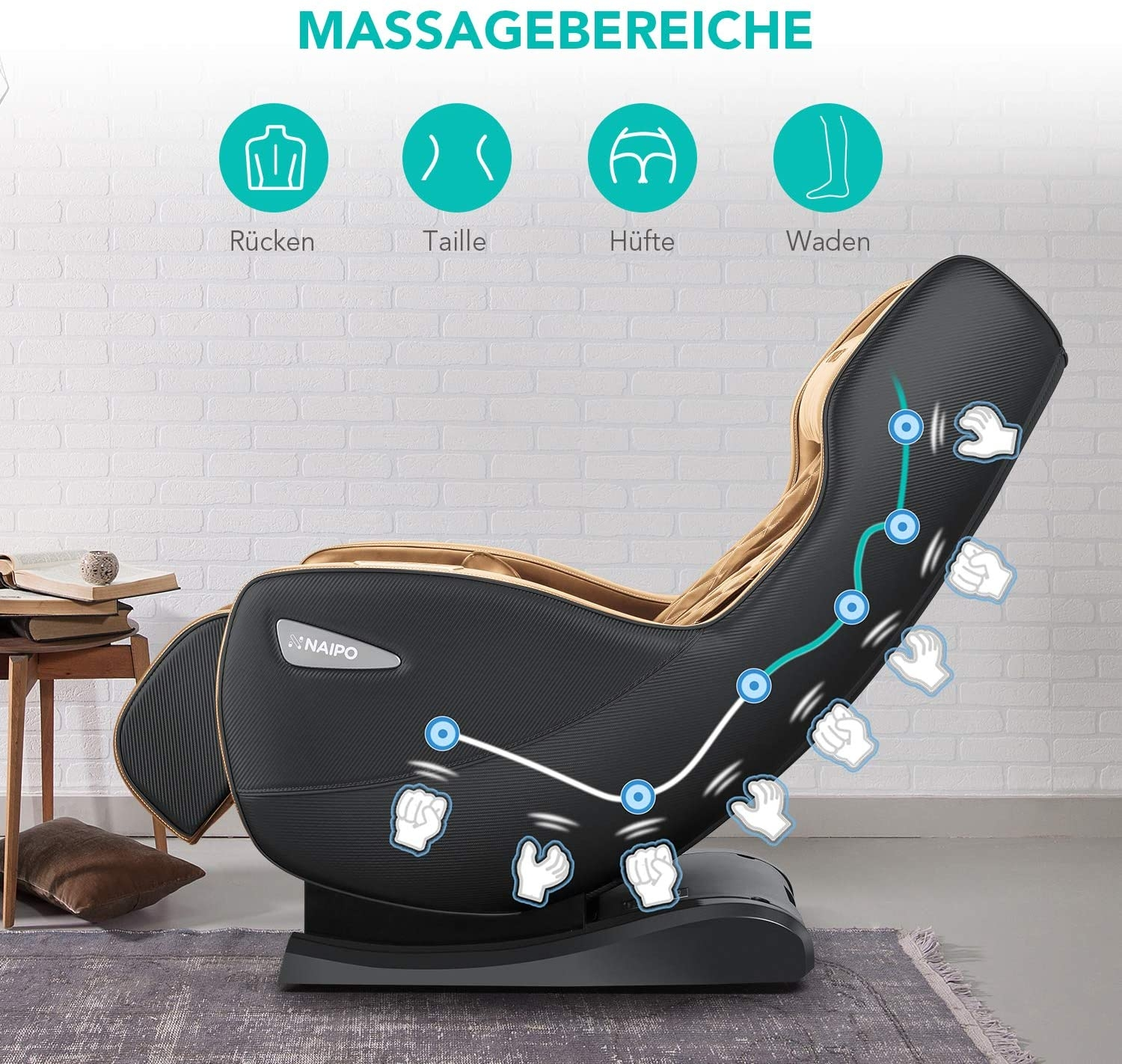 Massagesessel. Der Stuhl ist schwarz und beige mit Diagrammen, die Massagebereiche zeigen: Rücken, Taille, Hüfte, Waden.