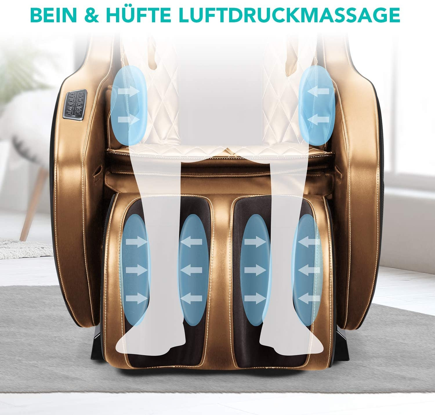 Massagesessel mit blau hervorgehobenen Bereichen, die Luftdruckmassage an Beinen und Hüften zeigen.